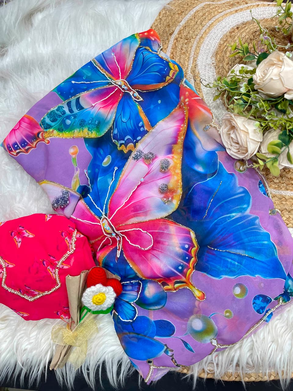 Regal Party Wear Soft Silk Print n Handwork Arco Border Designer Saree With Blouse Piece