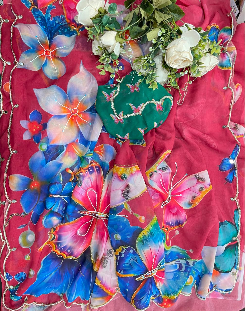 Regal Party Wear Soft Silk Print n Handwork Arco Border Designer Saree With Blouse Piece