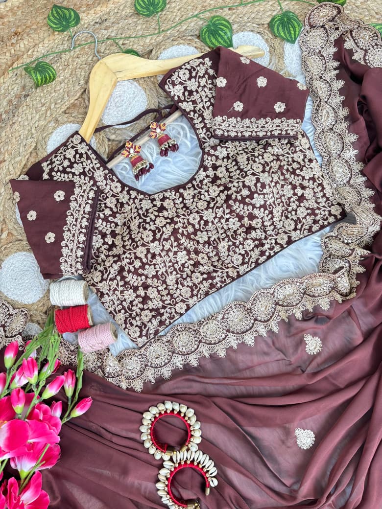 Stunning Wedding Wear Rangoli Silk Embriodery n Sequence Work Border Designer Saree With Stitched Blouse