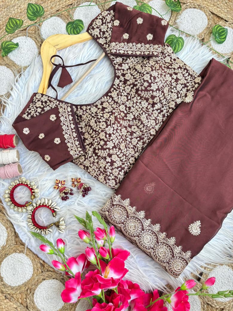 Stunning Wedding Wear Rangoli Silk Embriodery n Sequence Work Border Designer Saree With Stitched Blouse