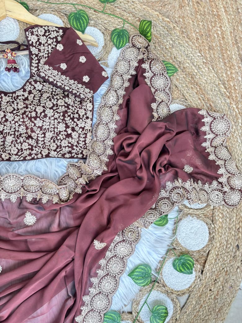 Stunning Wedding Wear Rangoli Silk Embriodery n Sequence Work Border Designer Saree With Stitched Blouse