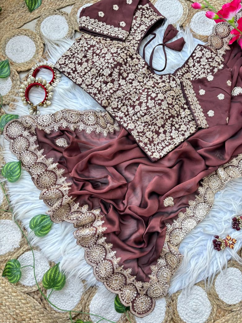 Stunning Wedding Wear Rangoli Silk Embriodery n Sequence Work Border Designer Saree With Stitched Blouse