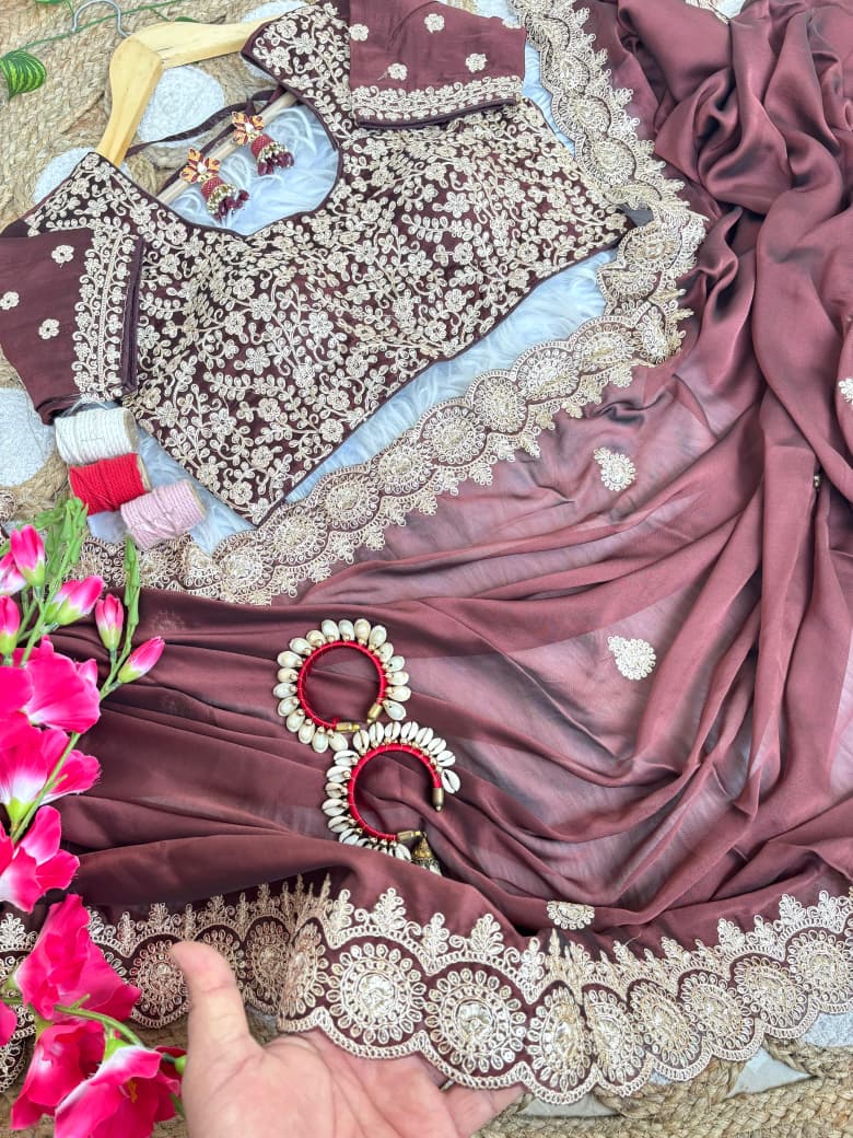 Stunning Wedding Wear Rangoli Silk Embriodery n Sequence Work Border Designer Saree With Stitched Blouse