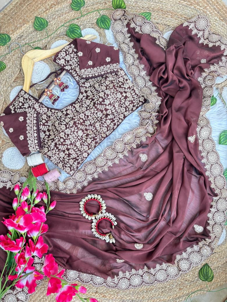 Stunning Wedding Wear Rangoli Silk Embriodery n Sequence Work Border Designer Saree With Stitched Blouse