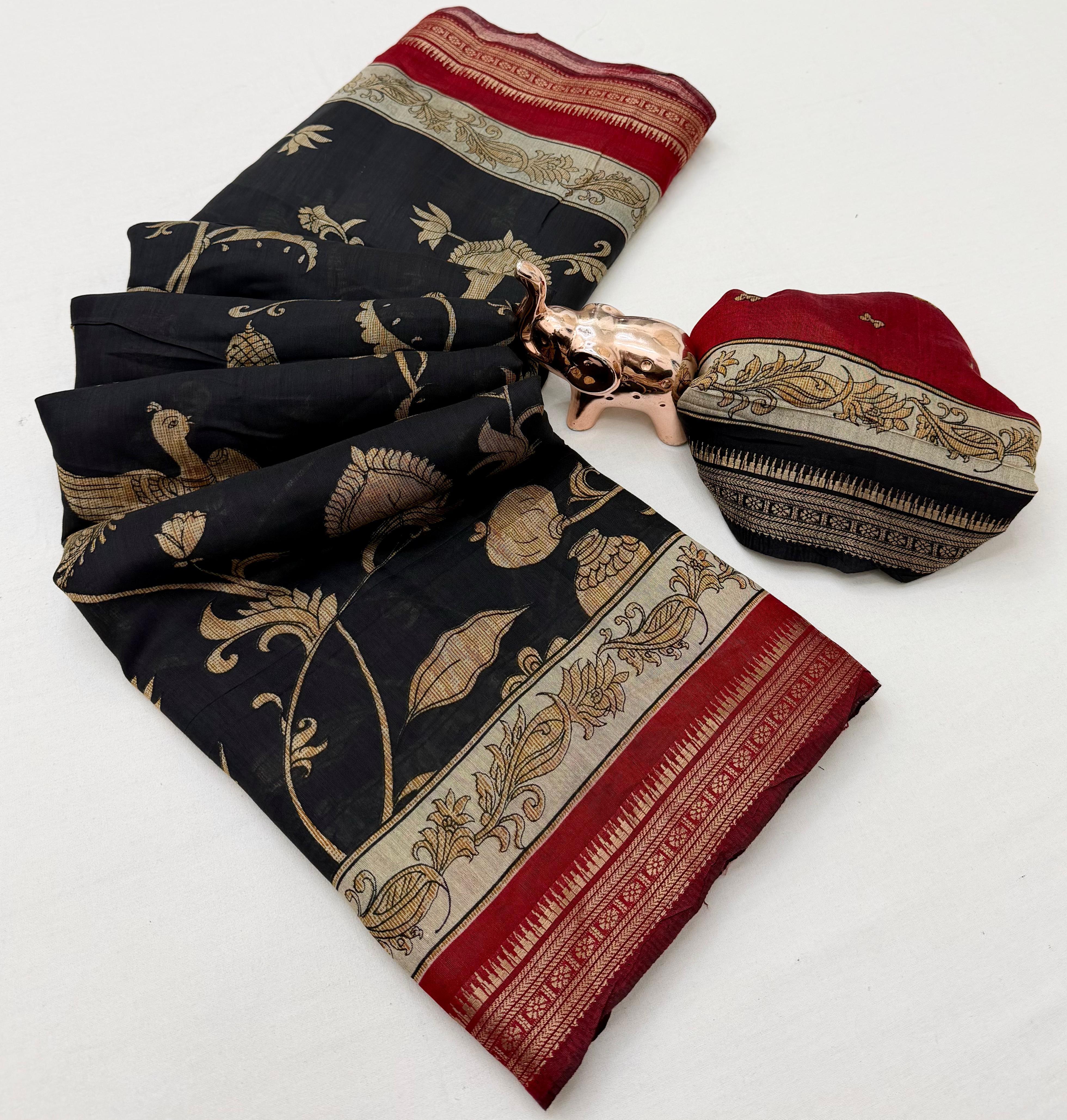 Imaginative Party Wear Soft Cotton Kalamkari Print Zari Weaving Border Fancy Saree With Blouse Piece