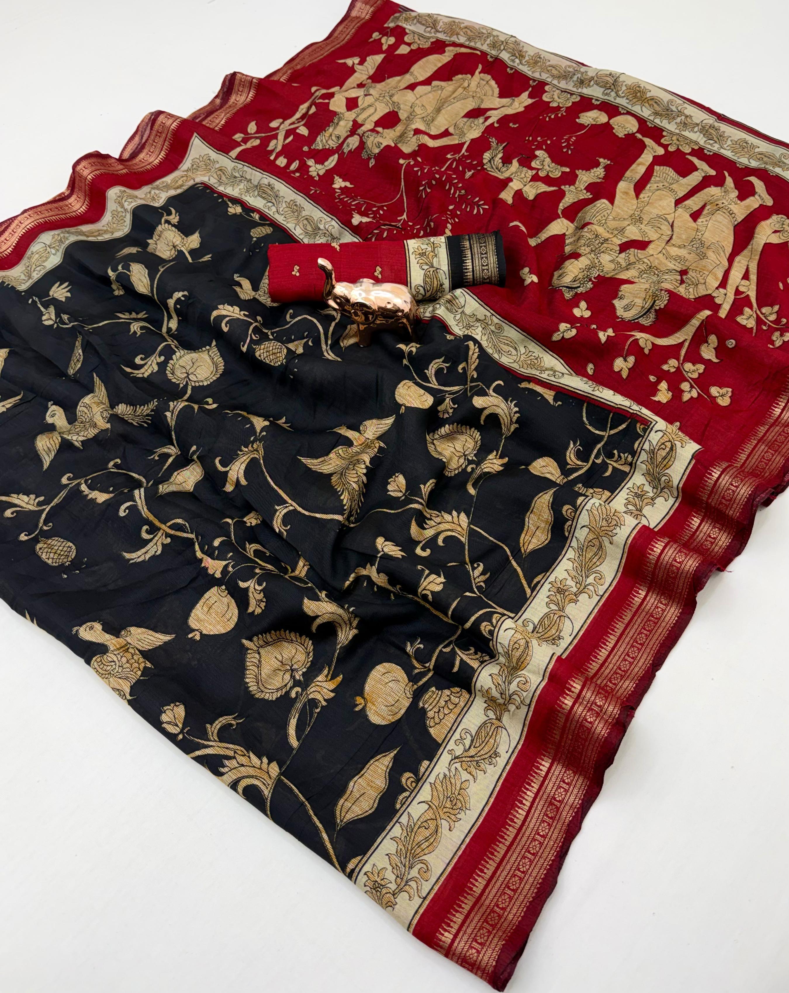 Imaginative Party Wear Soft Cotton Kalamkari Print Zari Weaving Border Fancy Saree With Blouse Piece