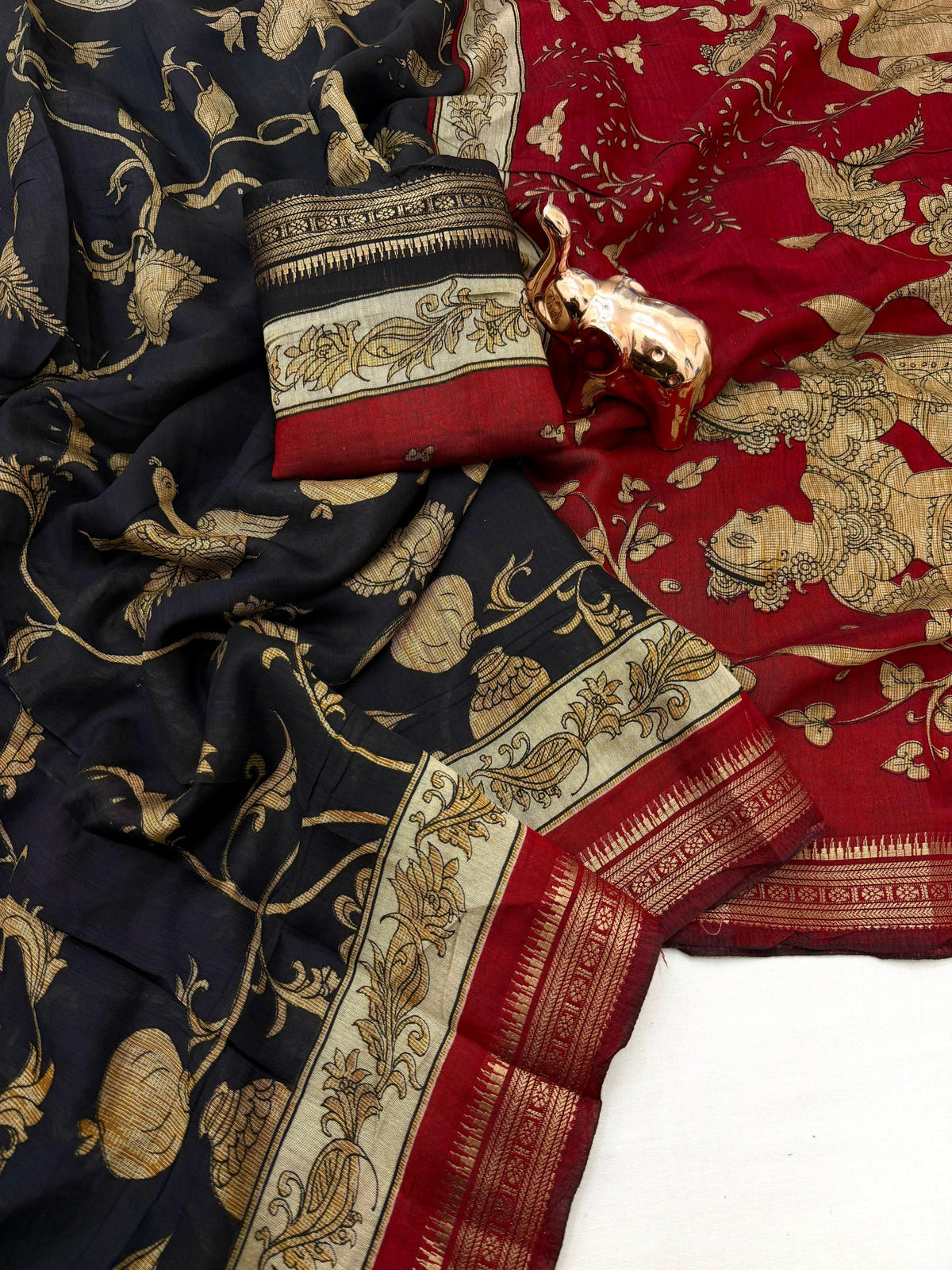 Imaginative Party Wear Soft Cotton Kalamkari Print Zari Weaving Border Fancy Saree With Blouse Piece