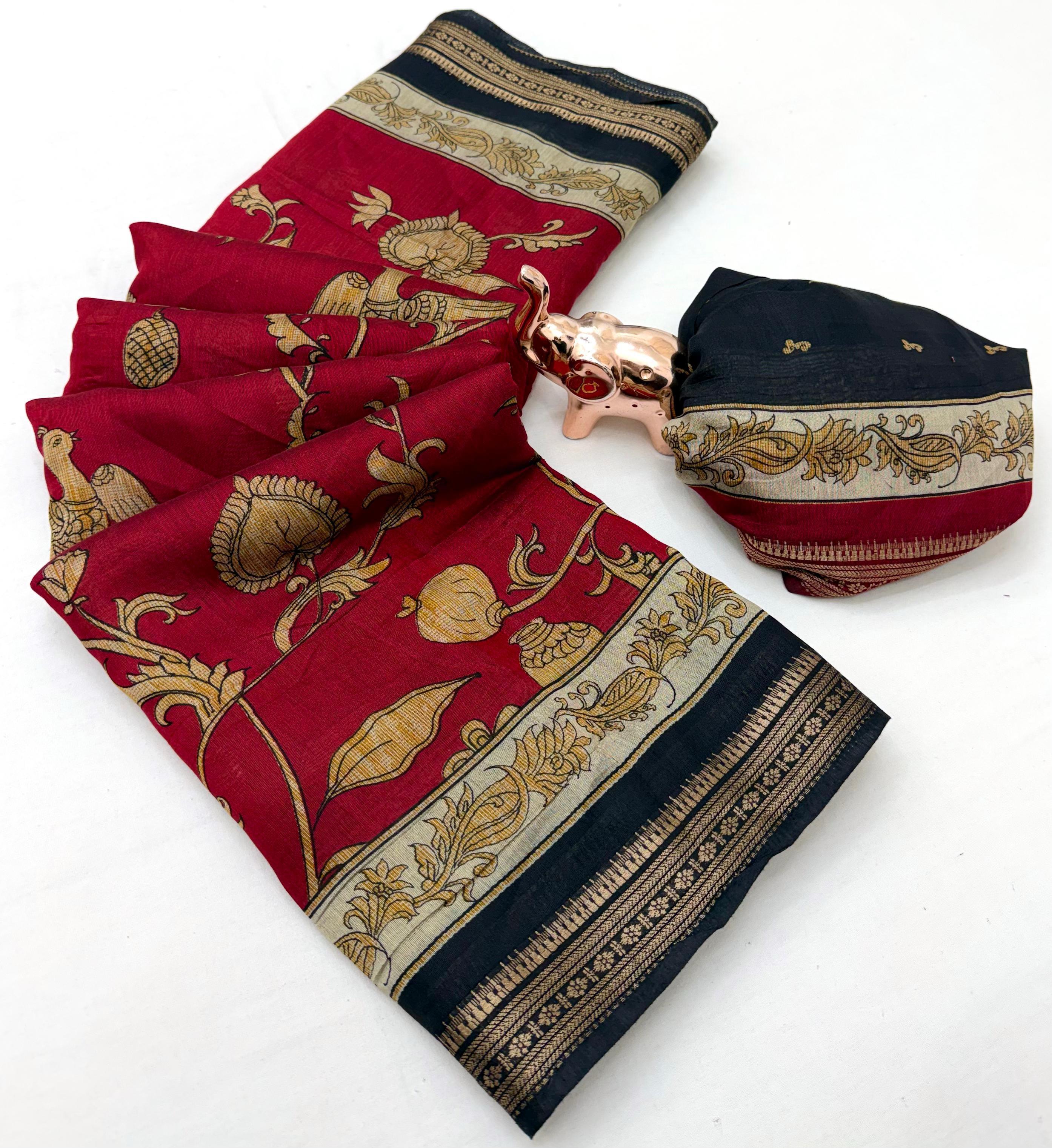 Imaginative Party Wear Soft Cotton Kalamkari Print Zari Weaving Border Fancy Saree With Blouse Piece