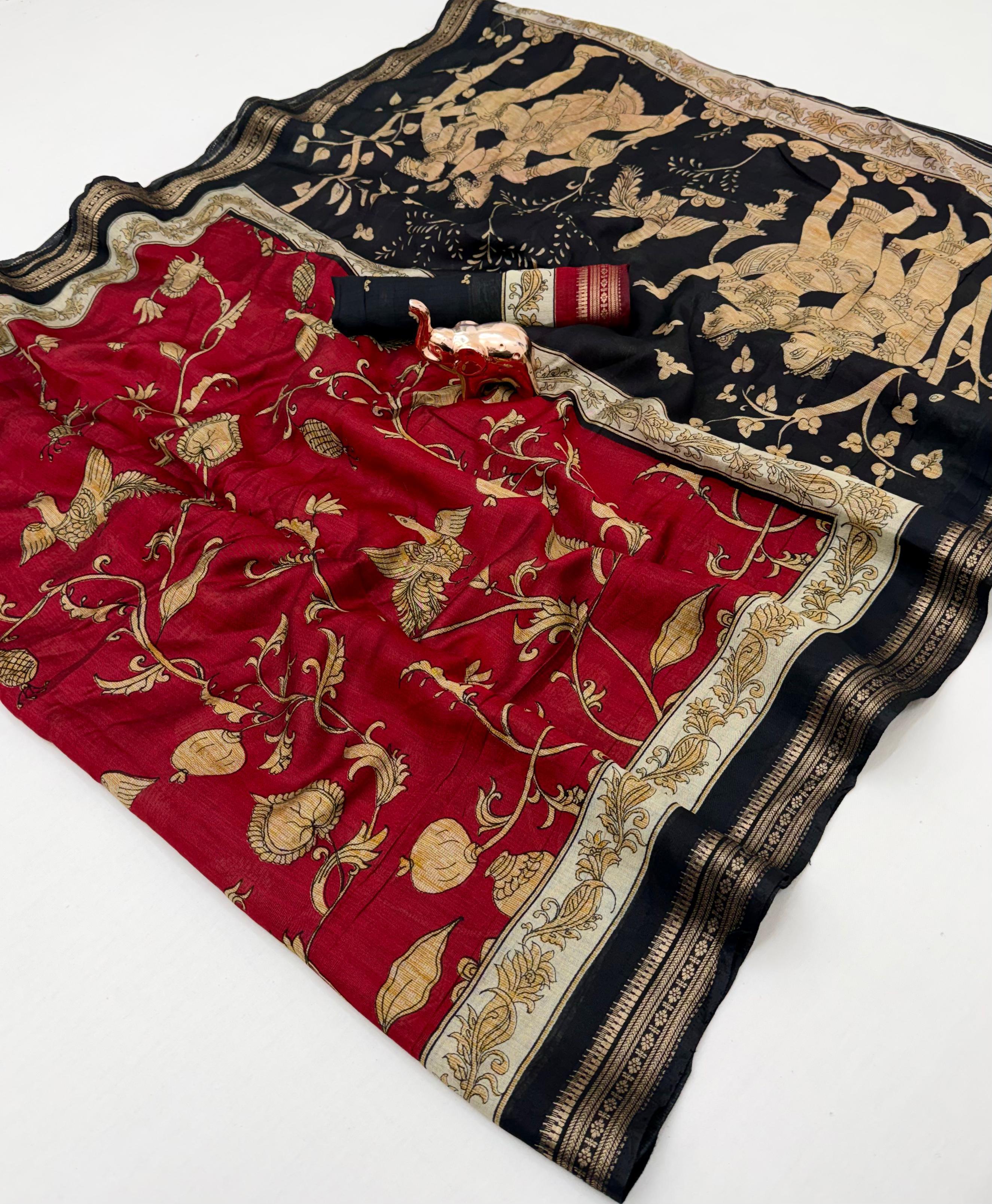 Imaginative Party Wear Soft Cotton Kalamkari Print Zari Weaving Border Fancy Saree With Blouse Piece