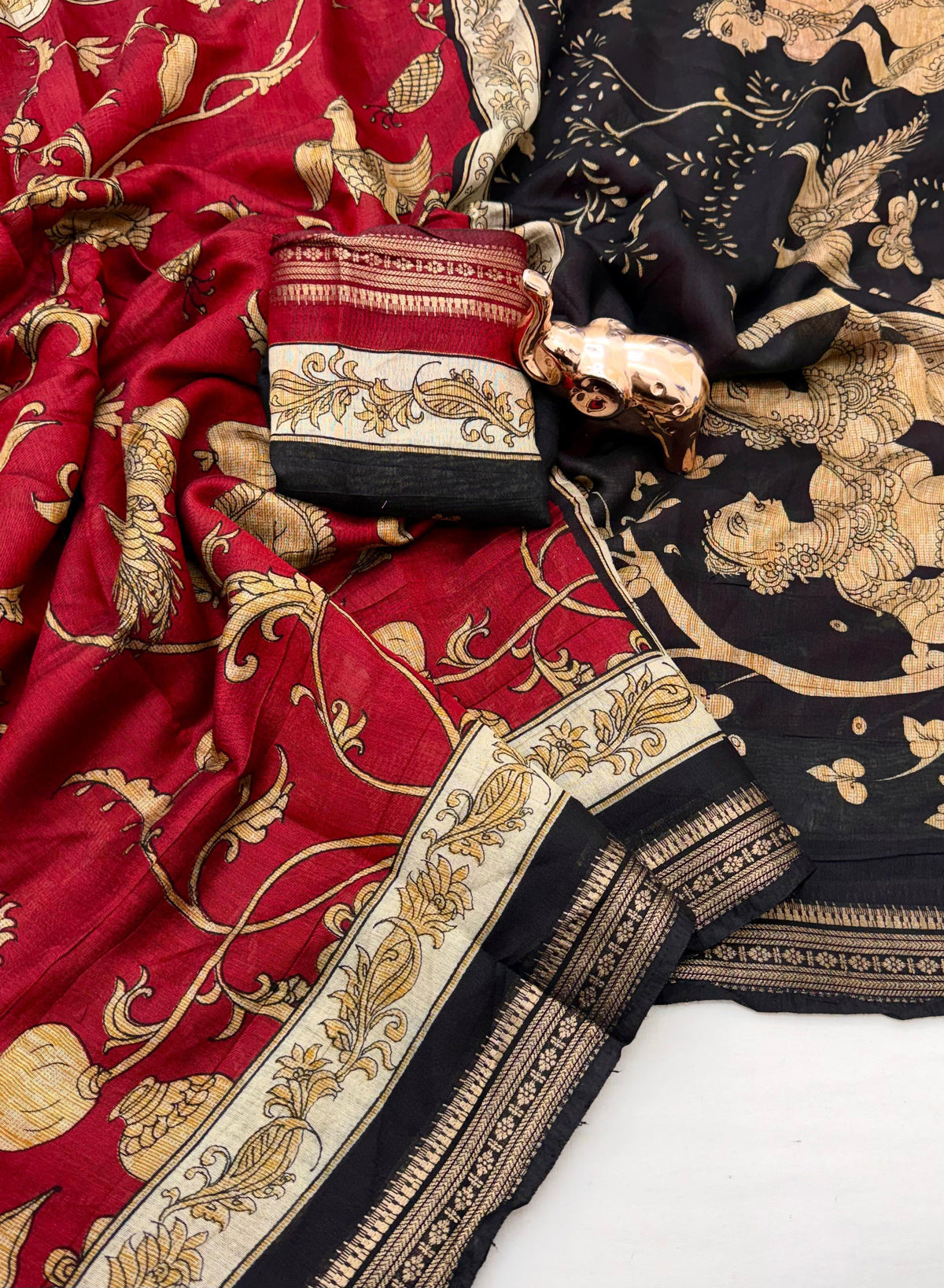 Imaginative Party Wear Soft Cotton Kalamkari Print Zari Weaving Border Fancy Saree With Blouse Piece