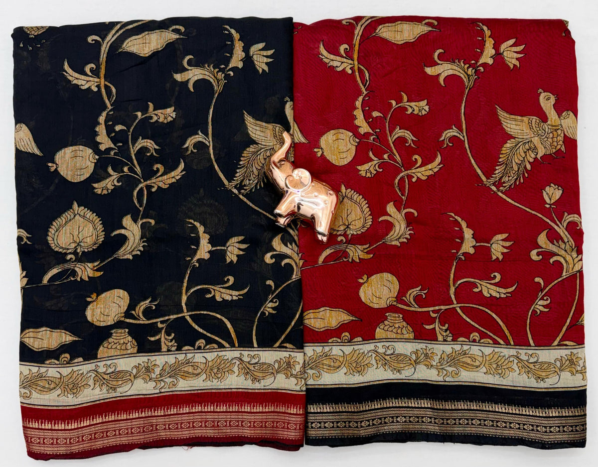 Imaginative Party Wear Soft Cotton Kalamkari Print Zari Weaving Border Fancy Saree With Blouse Piece