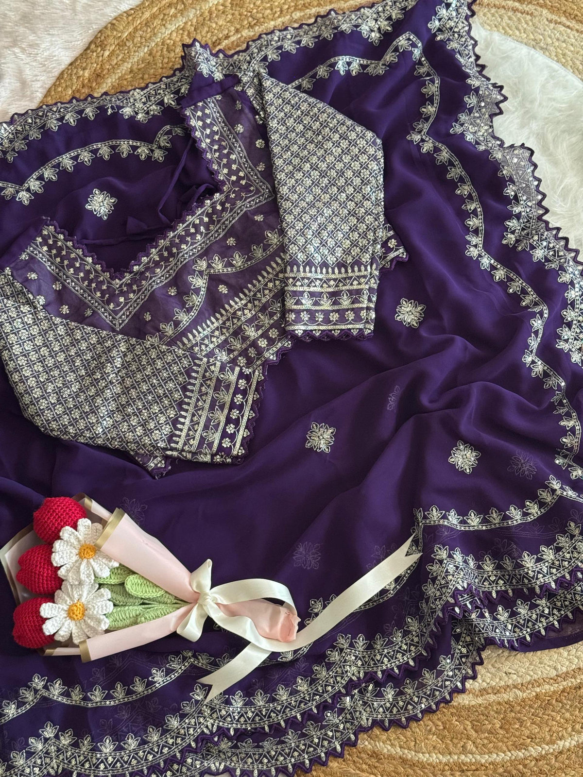 Luxury Wedding Wear Georgette Heavy Embroidery Work Designer Saree With Stitched Blouse Piece