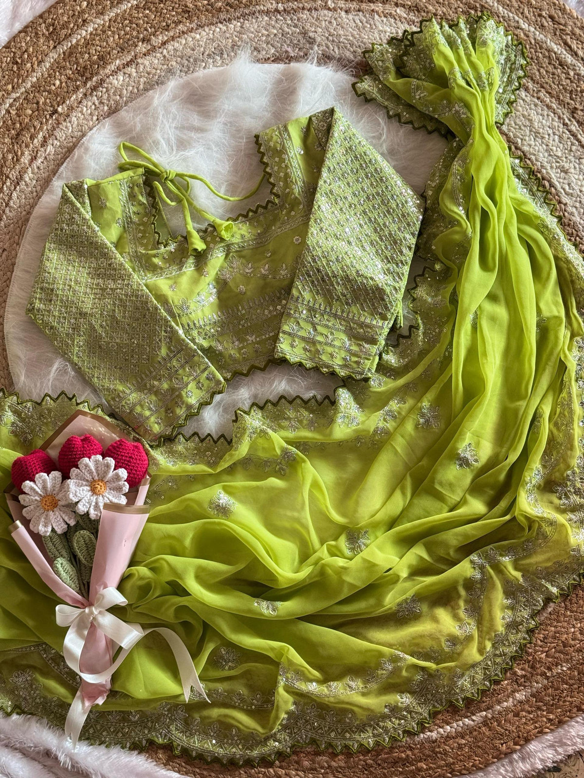 Luxury Wedding Wear Georgette Heavy Embroidery Work Designer Saree With Stitched Blouse Piece