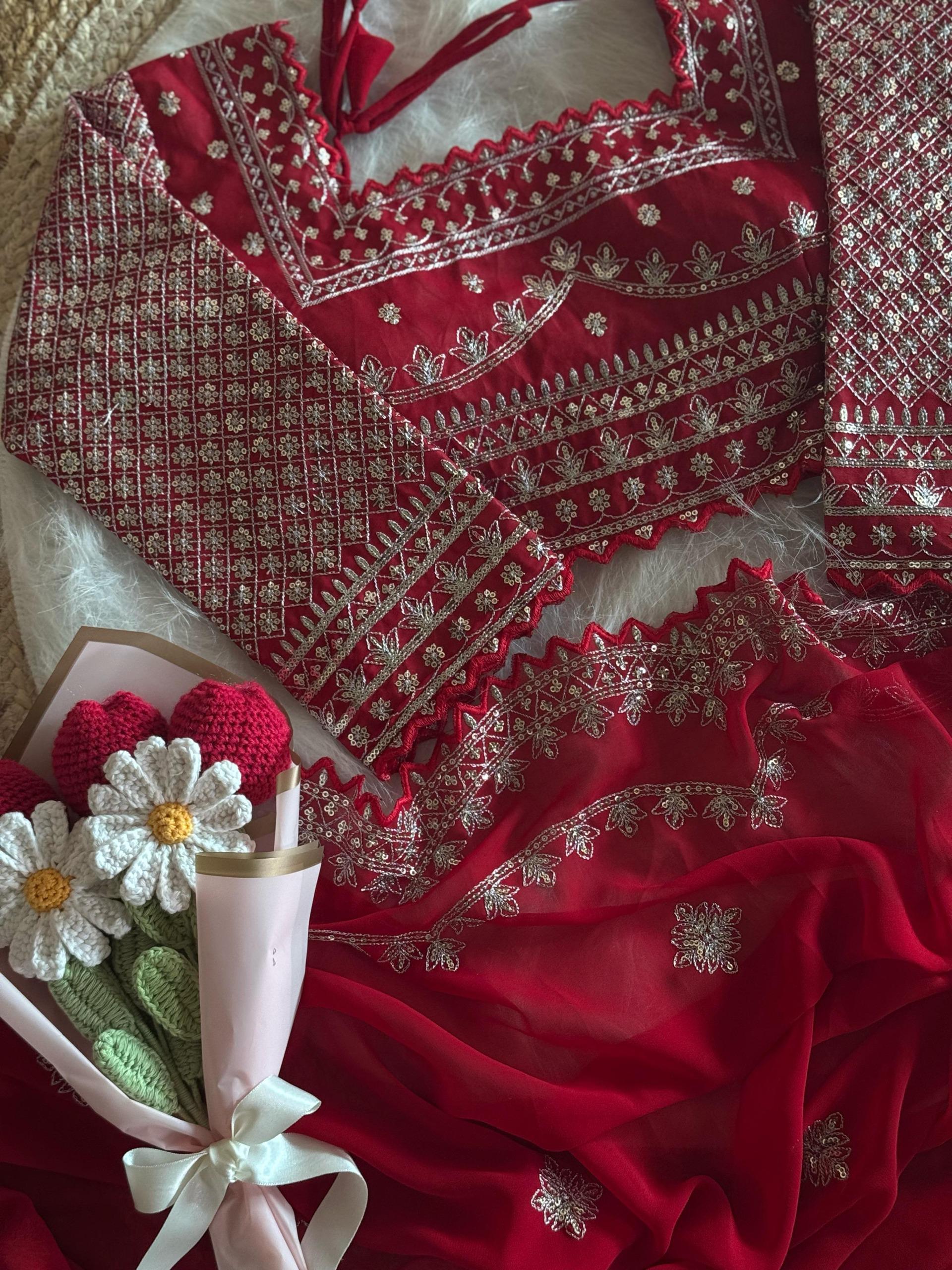 Luxury Wedding Wear Georgette Heavy Embroidery Work Designer Saree With Stitched Blouse Piece
