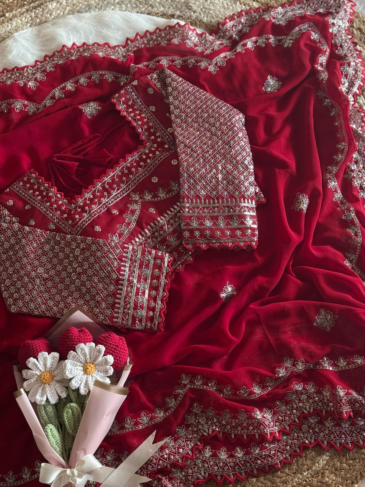 Luxury Wedding Wear Georgette Heavy Embroidery Work Designer Saree With Stitched Blouse Piece