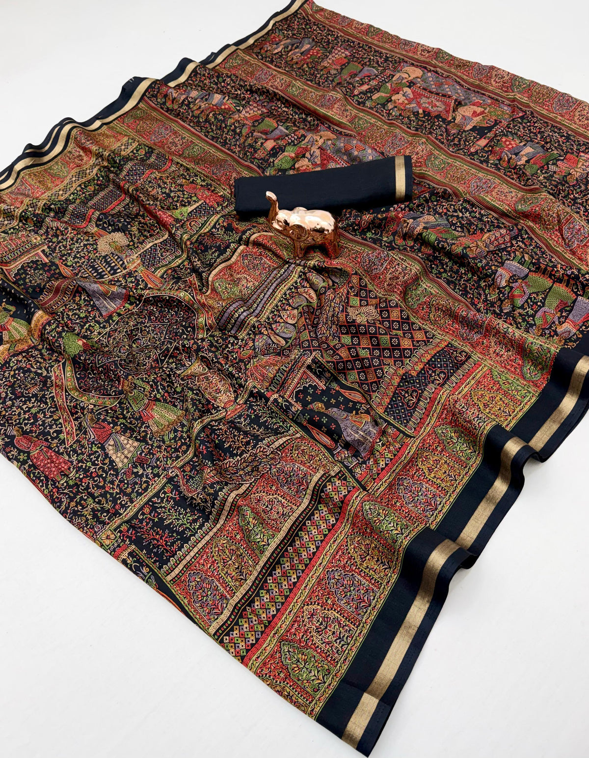 Graceful Party Wear Pure Soft Tussar Kashmiri Silk Printed n Zari Work Border Rich Pallu Fancy Saree With Blouse Piece