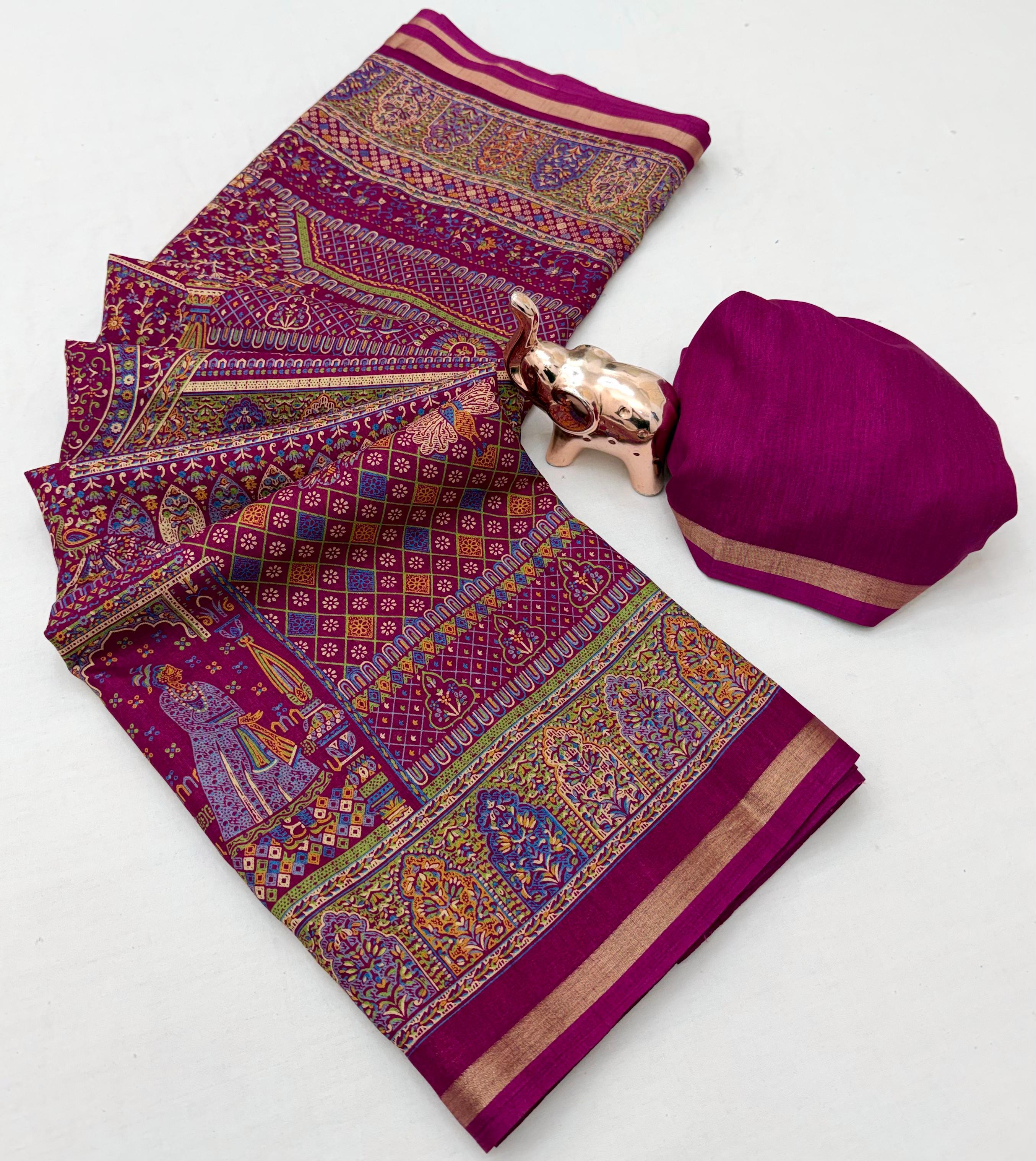 Graceful Party Wear Pure Soft Tussar Kashmiri Silk Printed n Zari Work Border Rich Pallu Fancy Saree With Blouse Piece