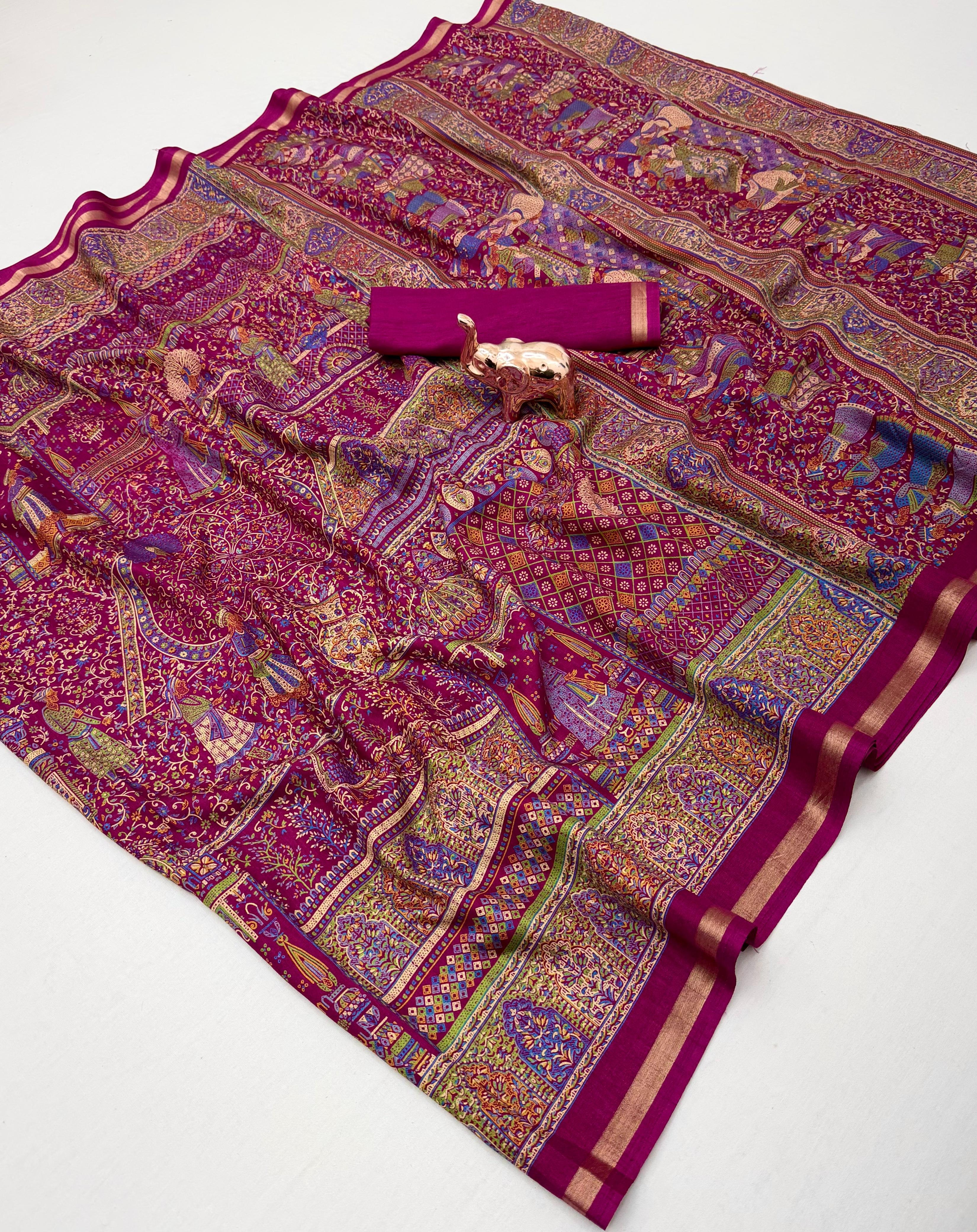 Graceful Party Wear Pure Soft Tussar Kashmiri Silk Printed n Zari Work Border Rich Pallu Fancy Saree With Blouse Piece