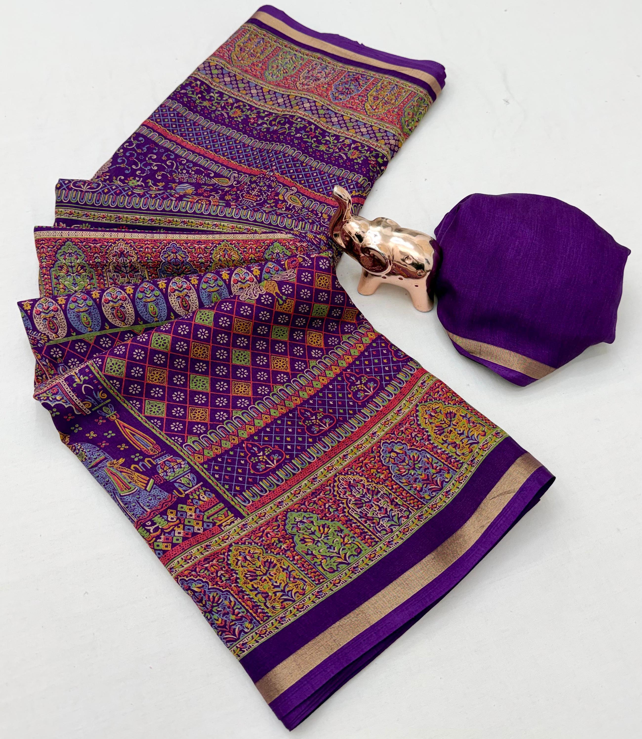 Graceful Party Wear Pure Soft Tussar Kashmiri Silk Printed n Zari Work Border Rich Pallu Fancy Saree With Blouse Piece