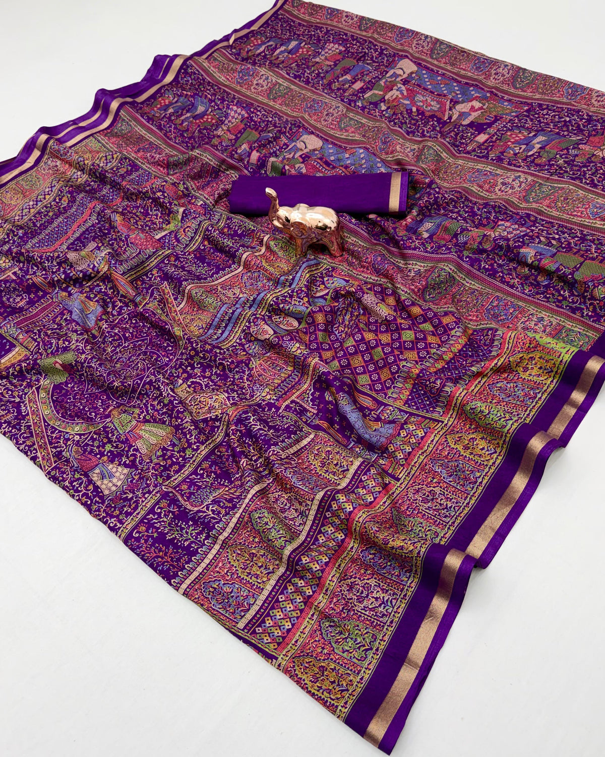 Graceful Party Wear Pure Soft Tussar Kashmiri Silk Printed n Zari Work Border Rich Pallu Fancy Saree With Blouse Piece