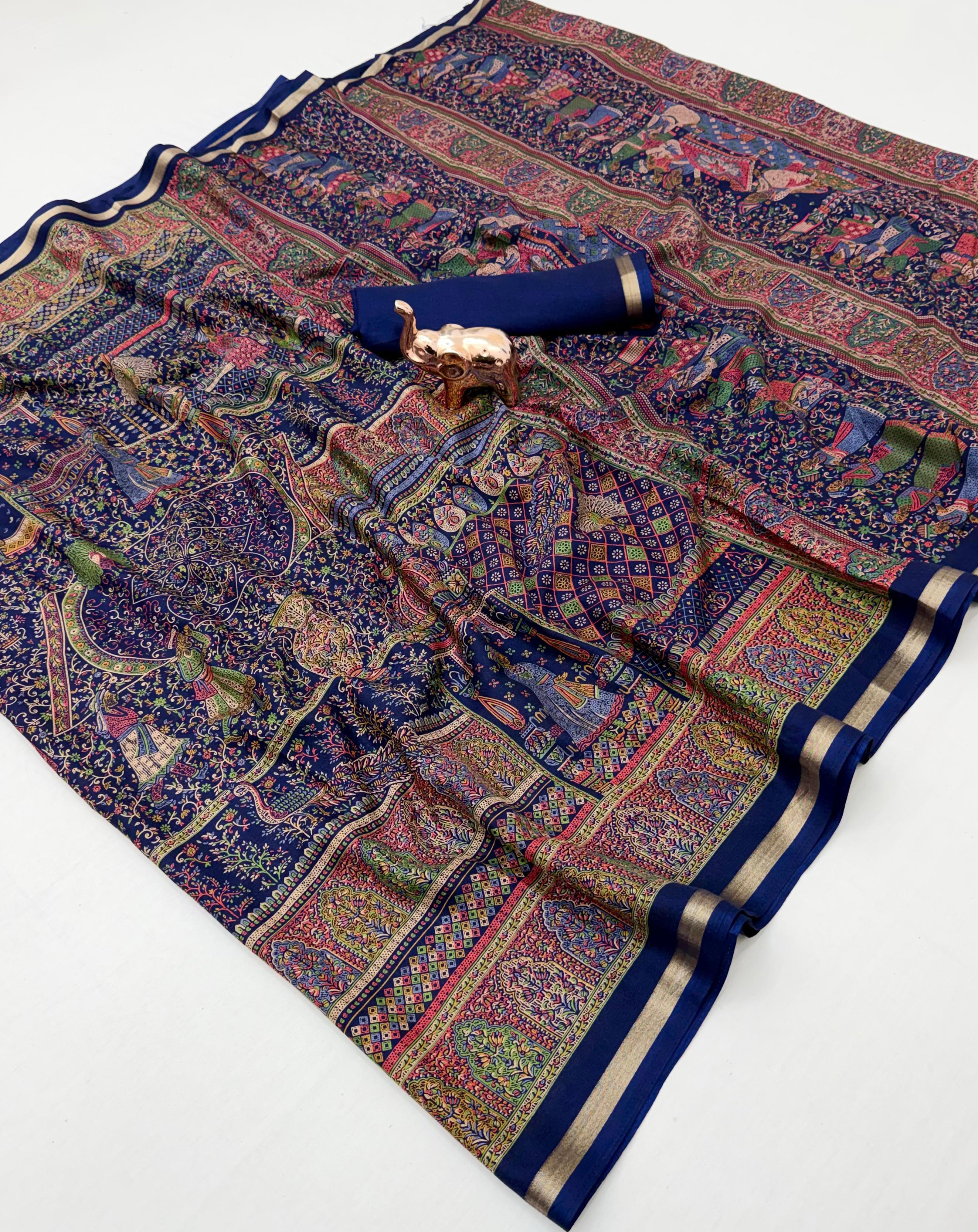 Graceful Party Wear Pure Soft Tussar Kashmiri Silk Printed n Zari Work Border Rich Pallu Fancy Saree With Blouse Piece