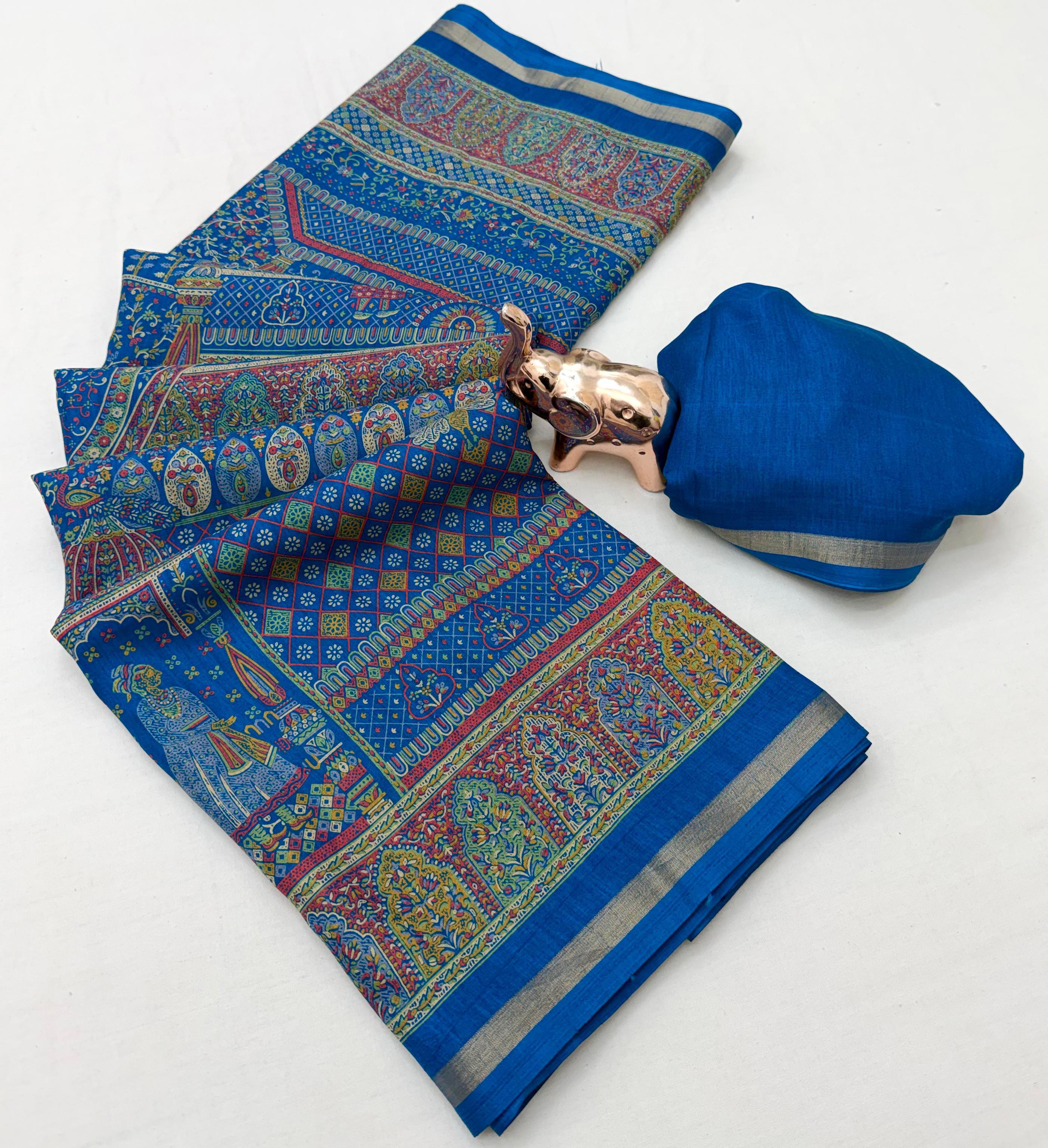 Graceful Party Wear Pure Soft Tussar Kashmiri Silk Printed n Zari Work Border Rich Pallu Fancy Saree With Blouse Piece