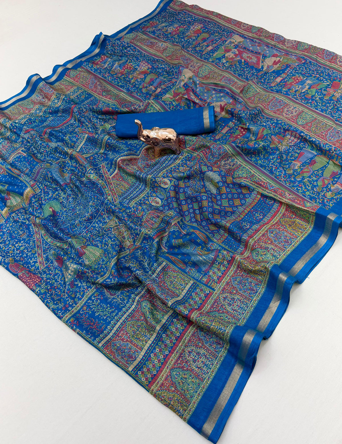 Graceful Party Wear Pure Soft Tussar Kashmiri Silk Printed n Zari Work Border Rich Pallu Fancy Saree With Blouse Piece