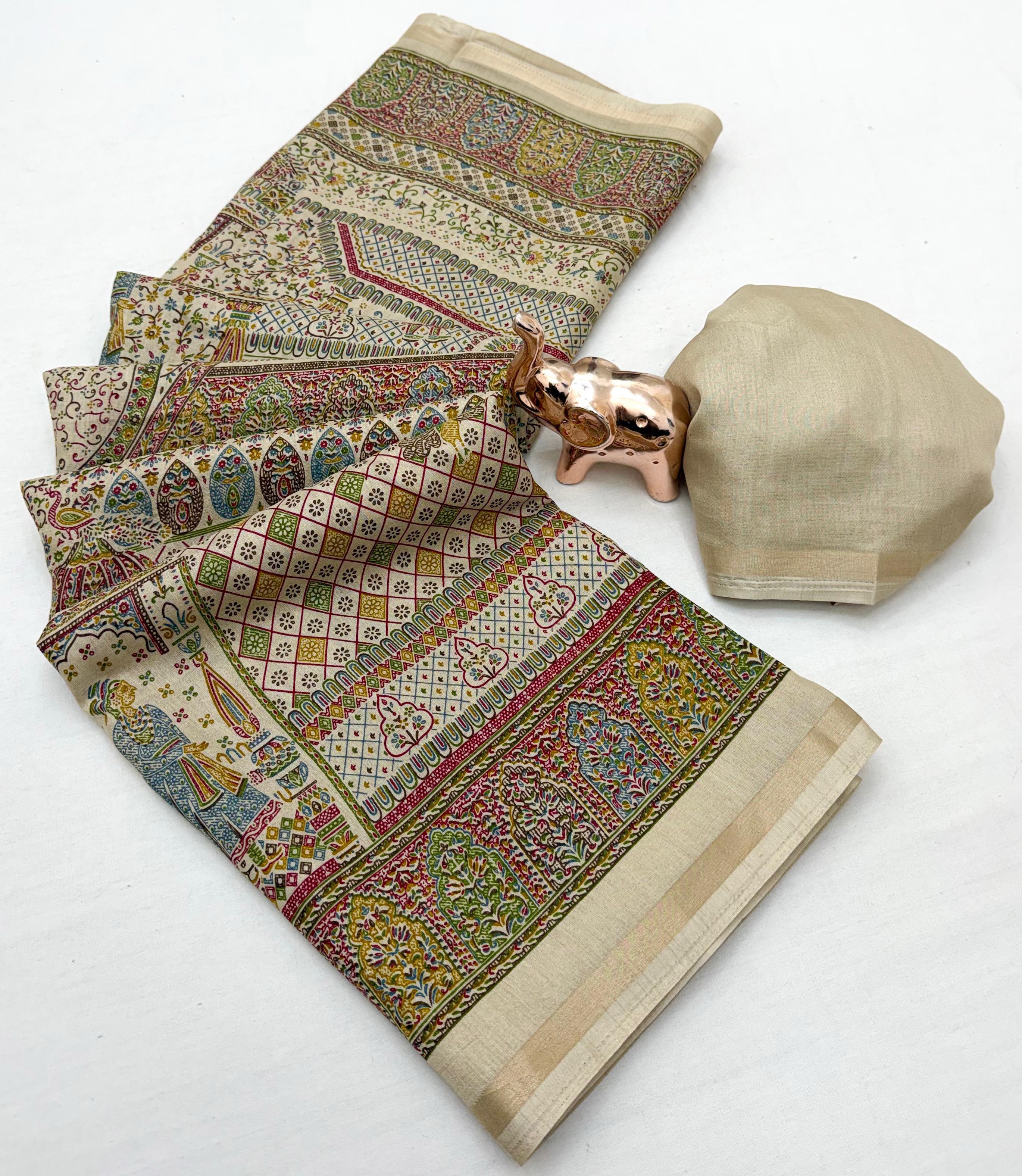 Graceful Party Wear Pure Soft Tussar Kashmiri Silk Printed n Zari Work Border Rich Pallu Fancy Saree With Blouse Piece