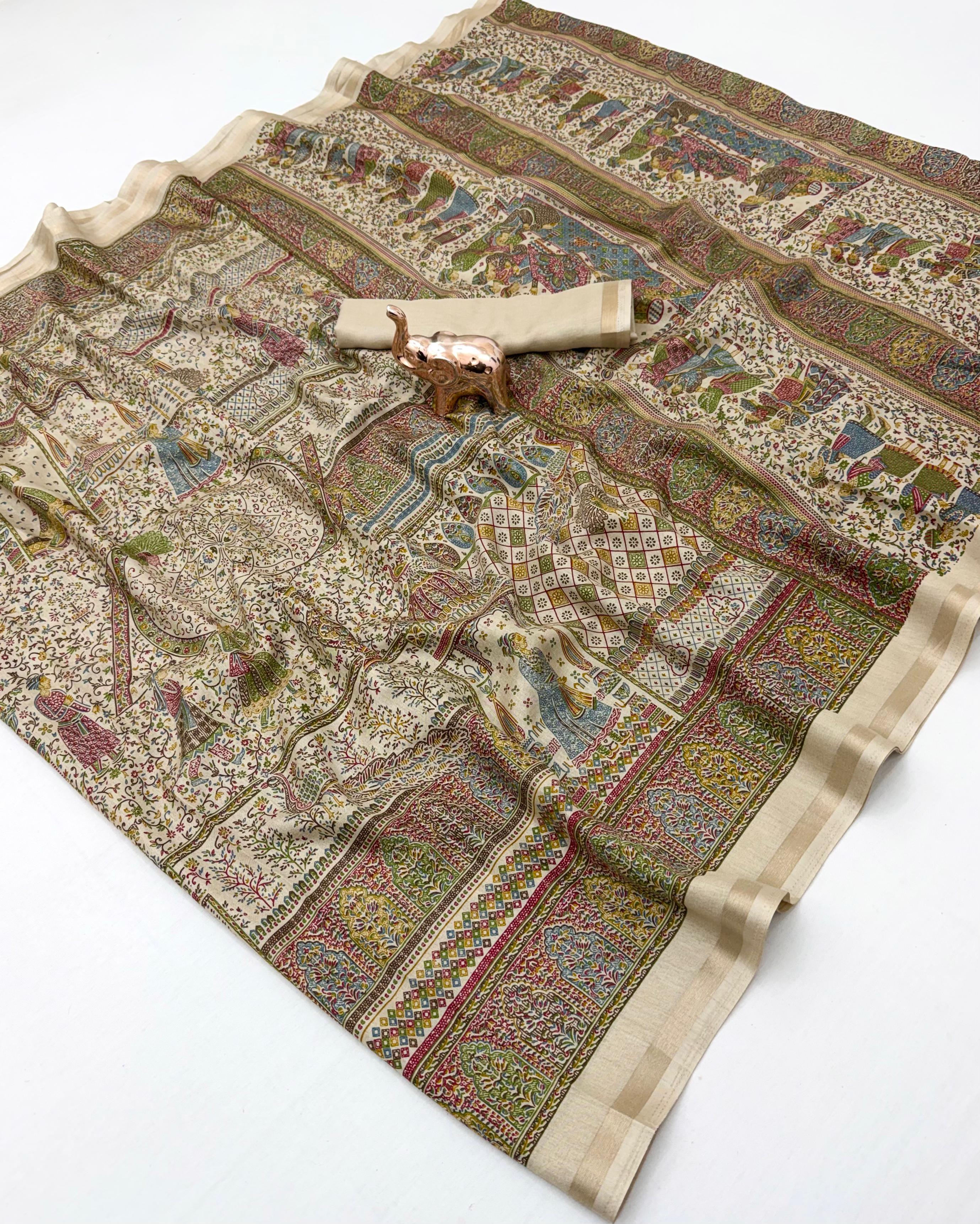 Graceful Party Wear Pure Soft Tussar Kashmiri Silk Printed n Zari Work Border Rich Pallu Fancy Saree With Blouse Piece