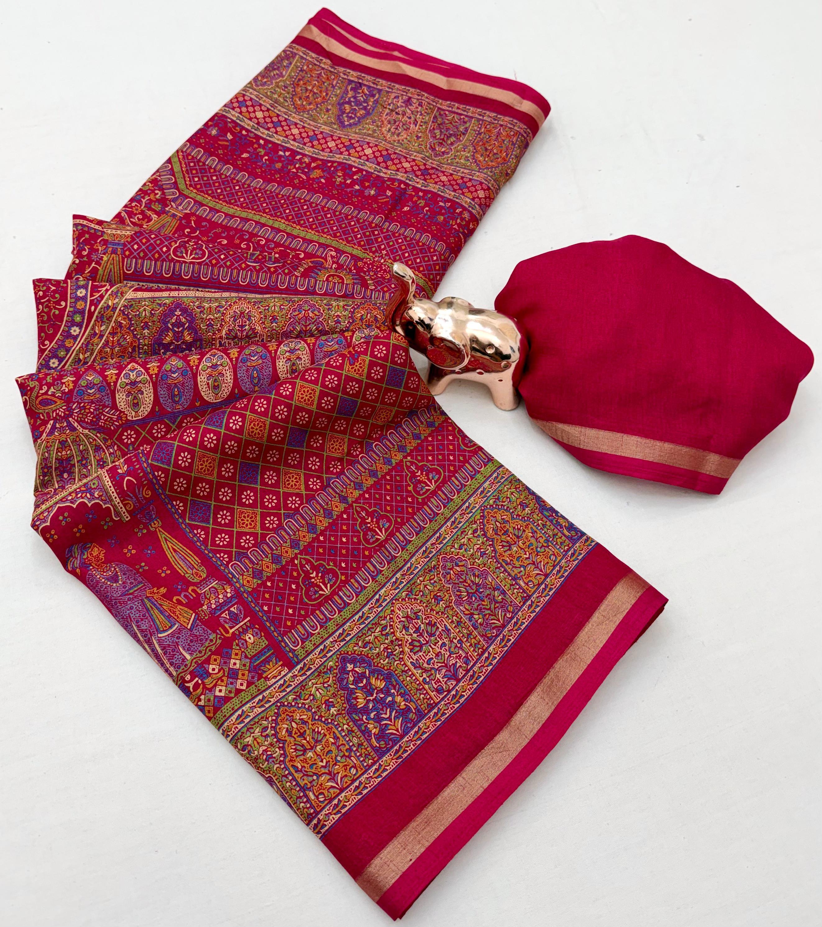 Graceful Party Wear Pure Soft Tussar Kashmiri Silk Printed n Zari Work Border Rich Pallu Fancy Saree With Blouse Piece
