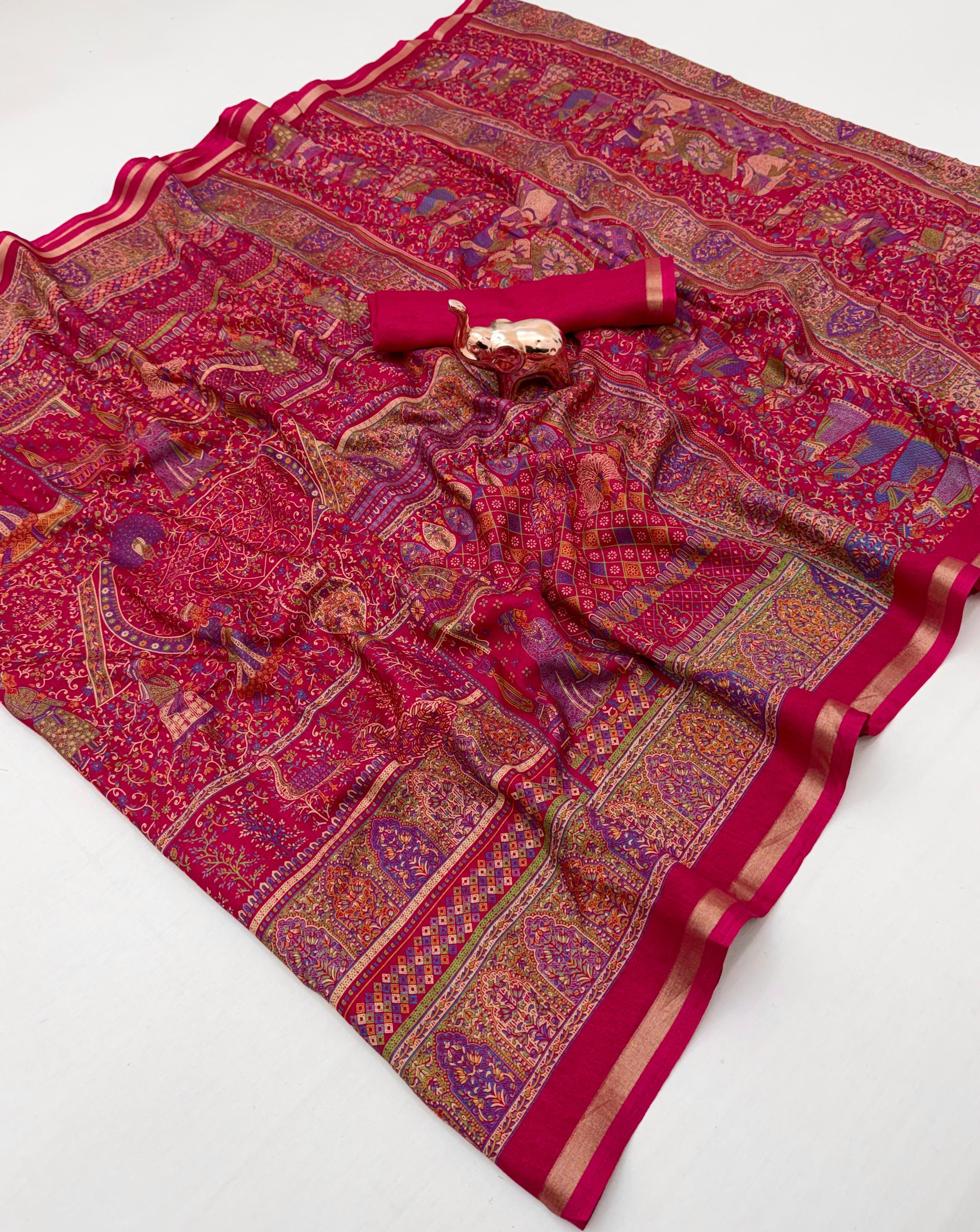 Graceful Party Wear Pure Soft Tussar Kashmiri Silk Printed n Zari Work Border Rich Pallu Fancy Saree With Blouse Piece
