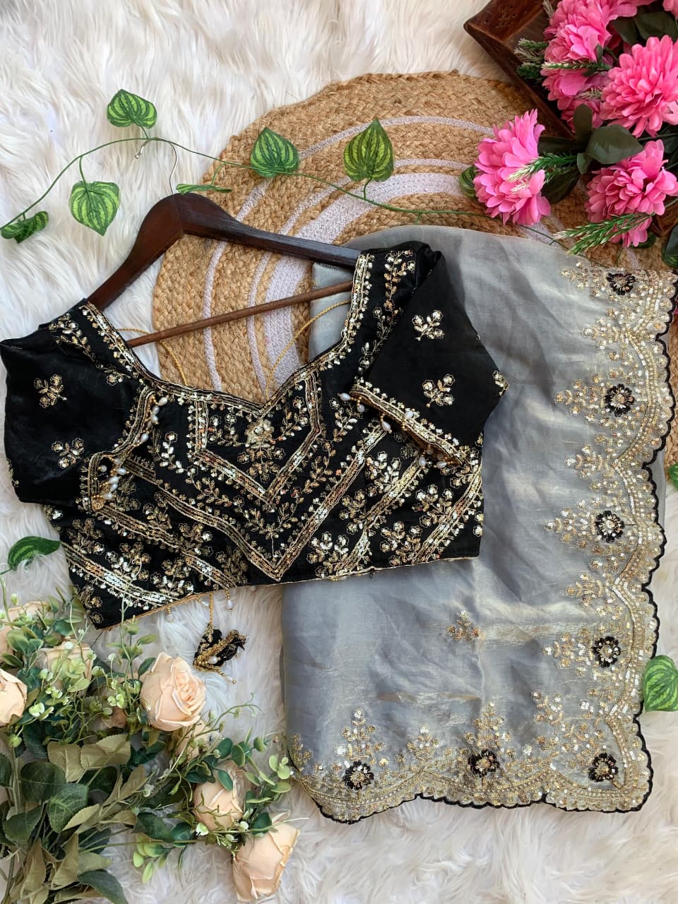 Luxury Wedding Wear Silk Embroidery n Sequence Work Designer Saree With Stitched Blouse