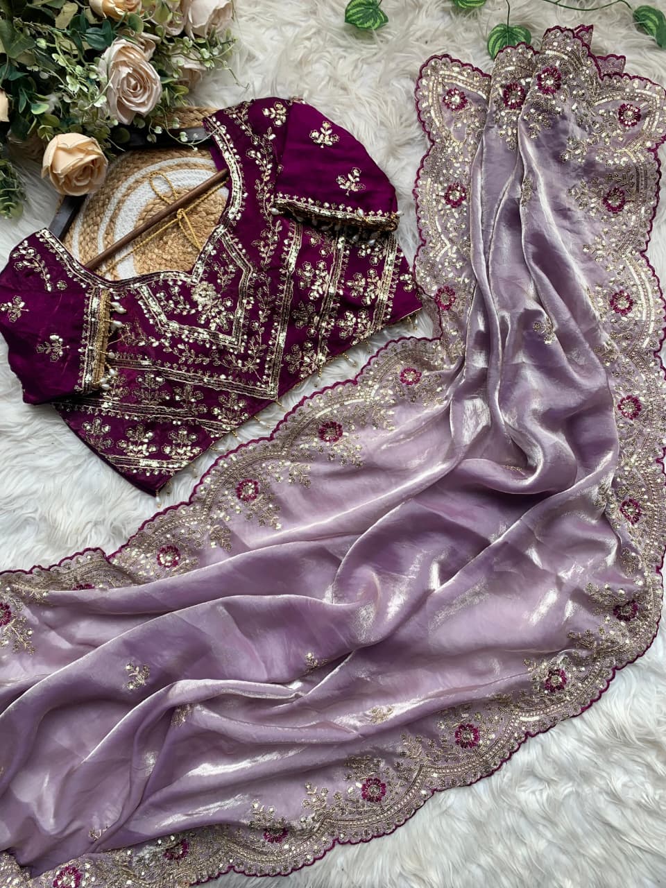 Luxury Wedding Wear Silk Embroidery n Sequence Work Designer Saree With Stitched Blouse