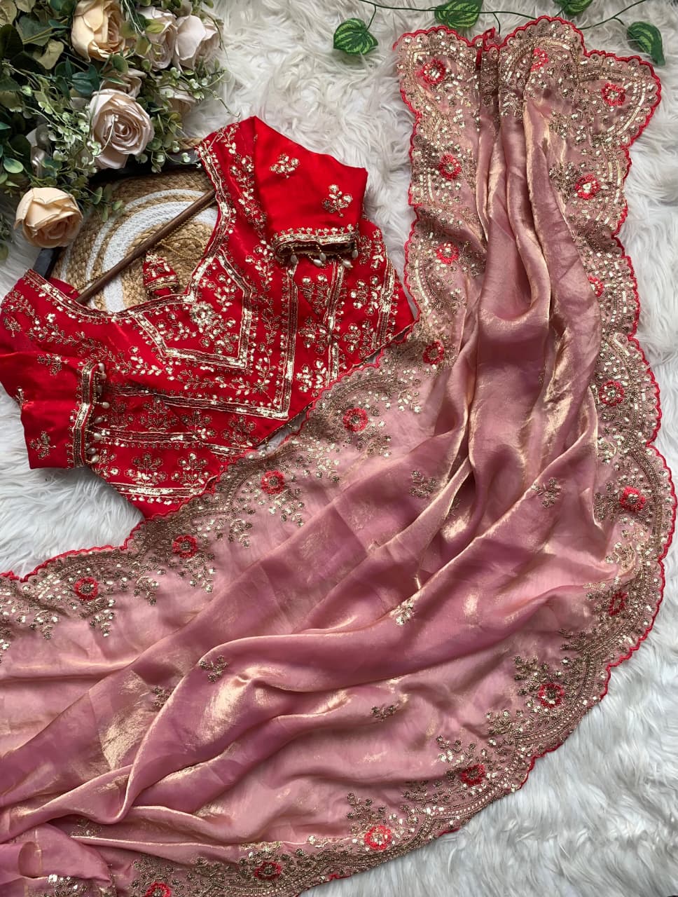 Luxury Wedding Wear Silk Embroidery n Sequence Work Designer Saree With Stitched Blouse