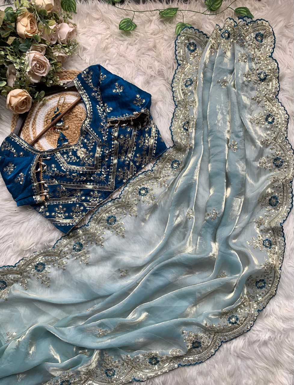 Luxury Wedding Wear Silk Embroidery n Sequence Work Designer Saree With Stitched Blouse