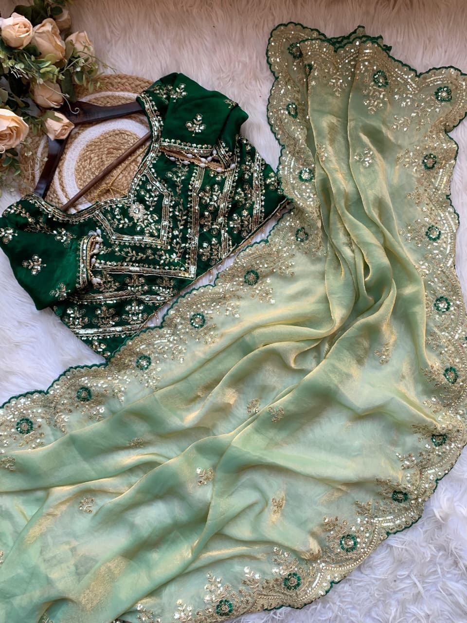 Luxury Wedding Wear Silk Embroidery n Sequence Work Designer Saree With Stitched Blouse
