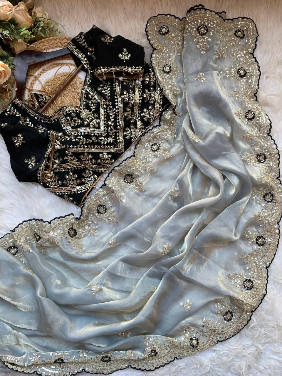 Luxury Wedding Wear Silk Embroidery n Sequence Work Designer Saree With Stitched Blouse