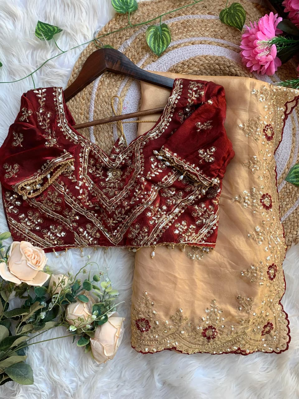 Luxury Wedding Wear Silk Embroidery n Sequence Work Designer Saree With Stitched Blouse