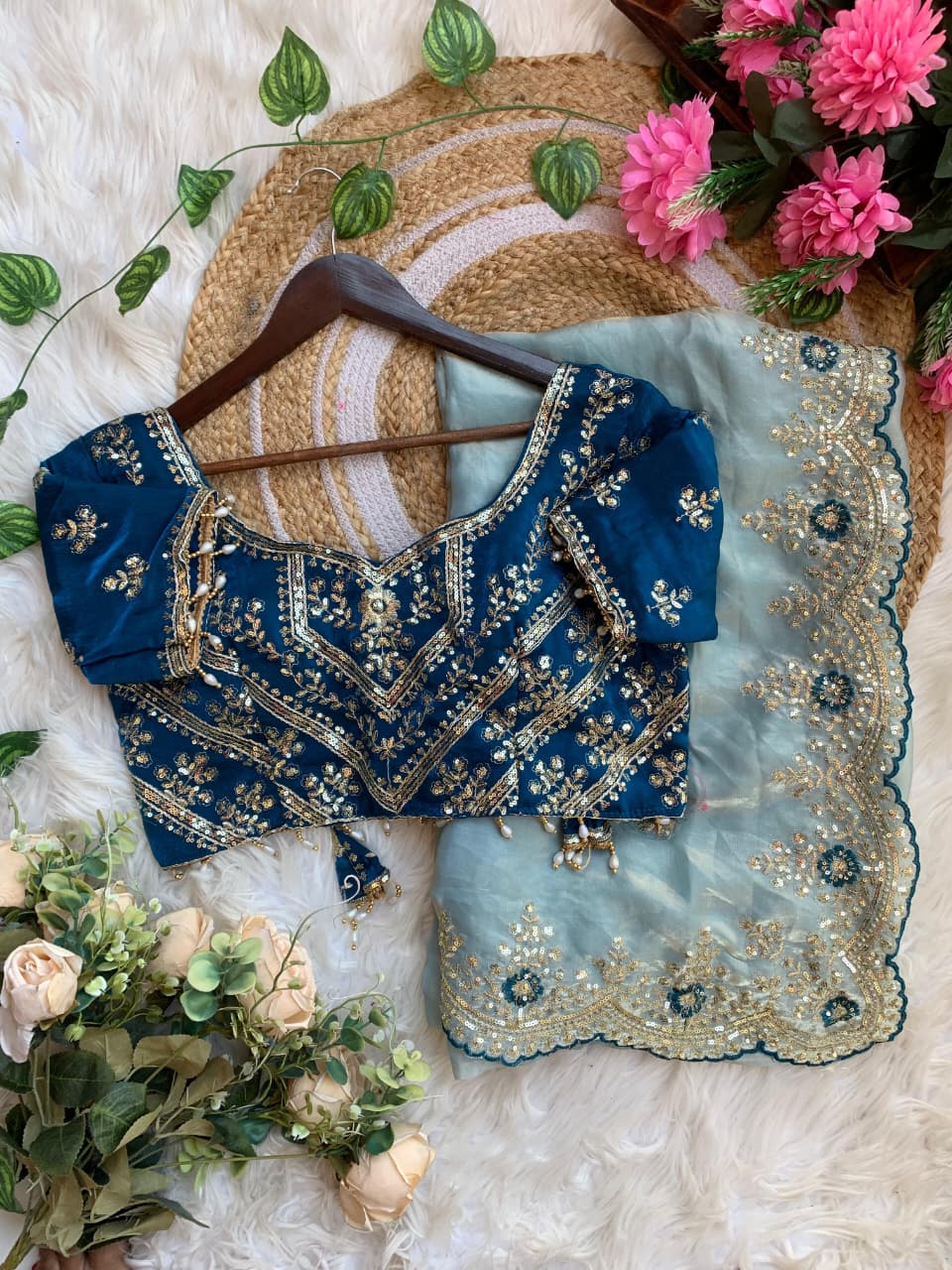 Luxury Wedding Wear Silk Embroidery n Sequence Work Designer Saree With Stitched Blouse