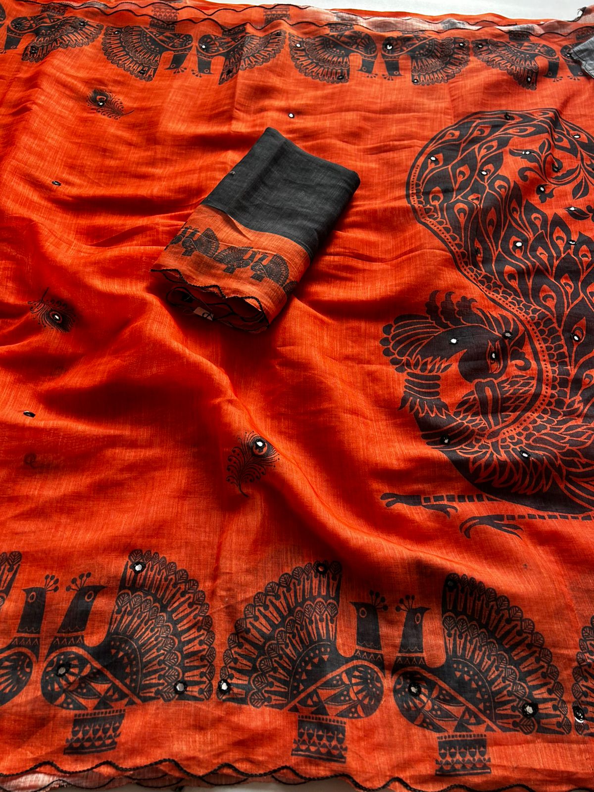 Whimsical Party Wear Chanderi Cotton Flower Print n Mirror Work Designer Saree With Blouse Piece