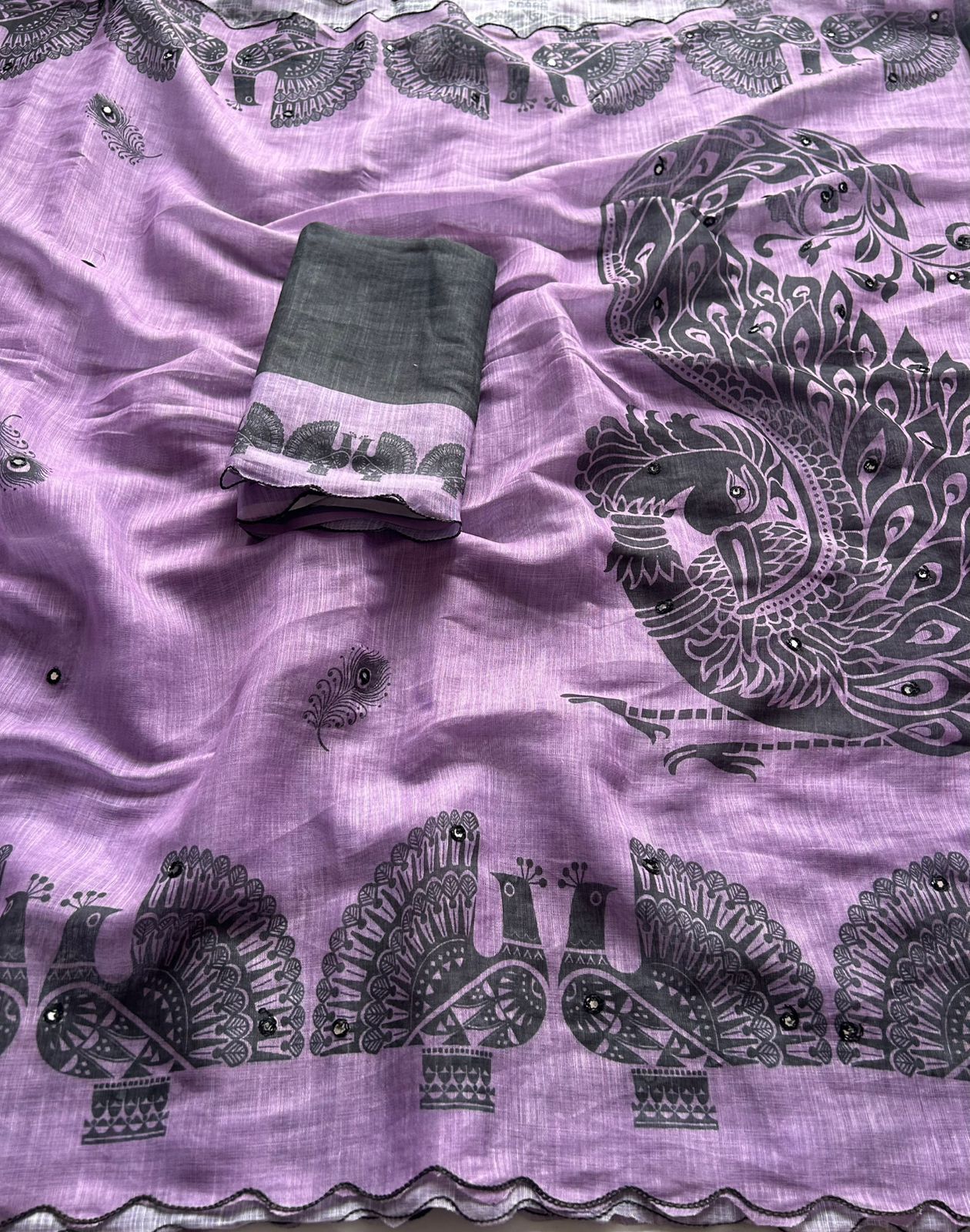 Whimsical Party Wear Chanderi Cotton Flower Print n Mirror Work Designer Saree With Blouse Piece