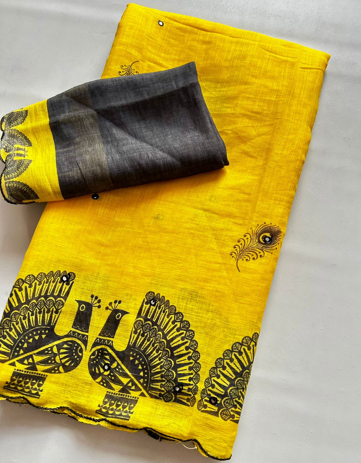 Whimsical Party Wear Chanderi Cotton Flower Print n Mirror Work Designer Saree With Blouse Piece