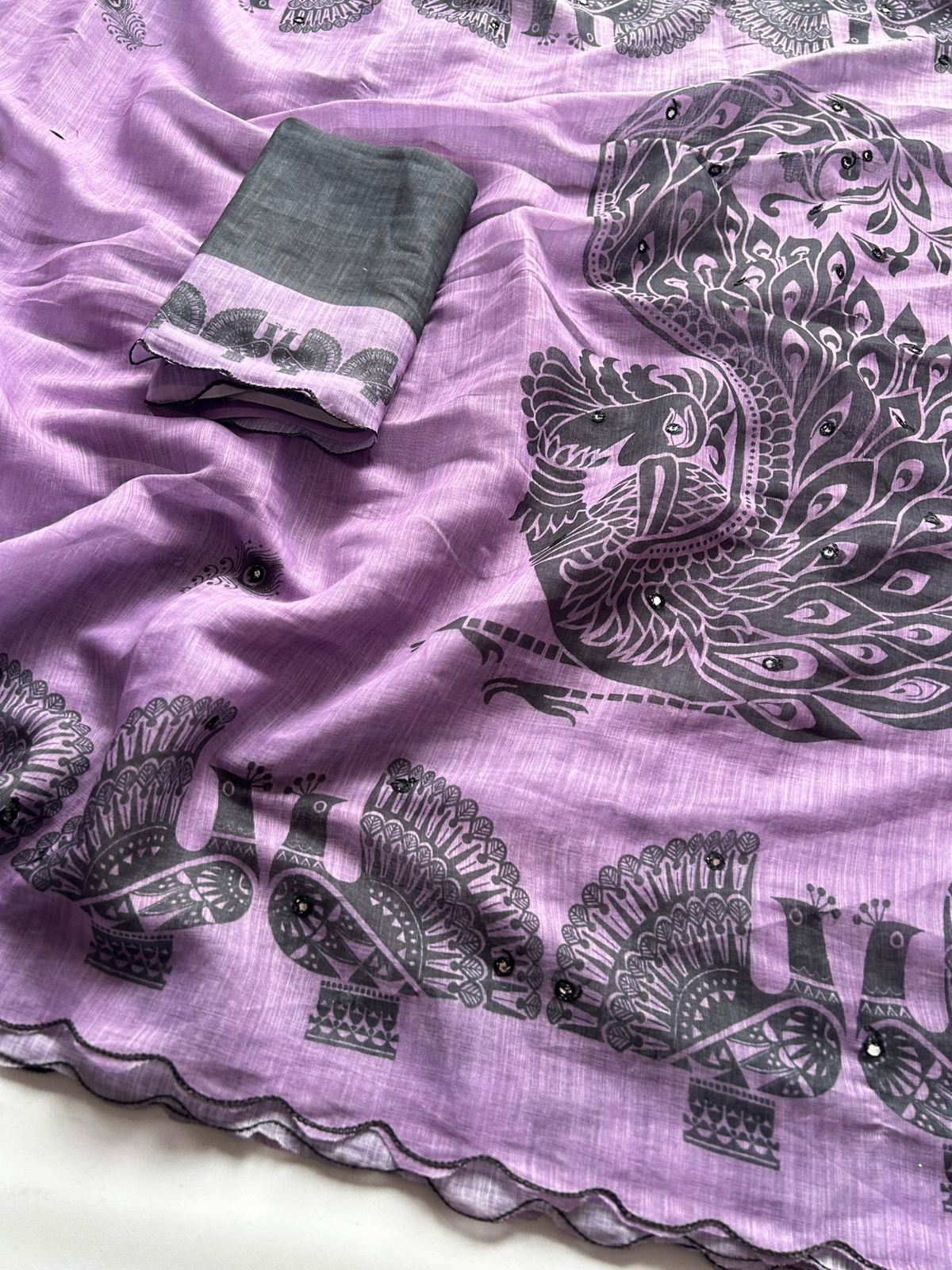 Whimsical Party Wear Chanderi Cotton Flower Print n Mirror Work Designer Saree With Blouse Piece
