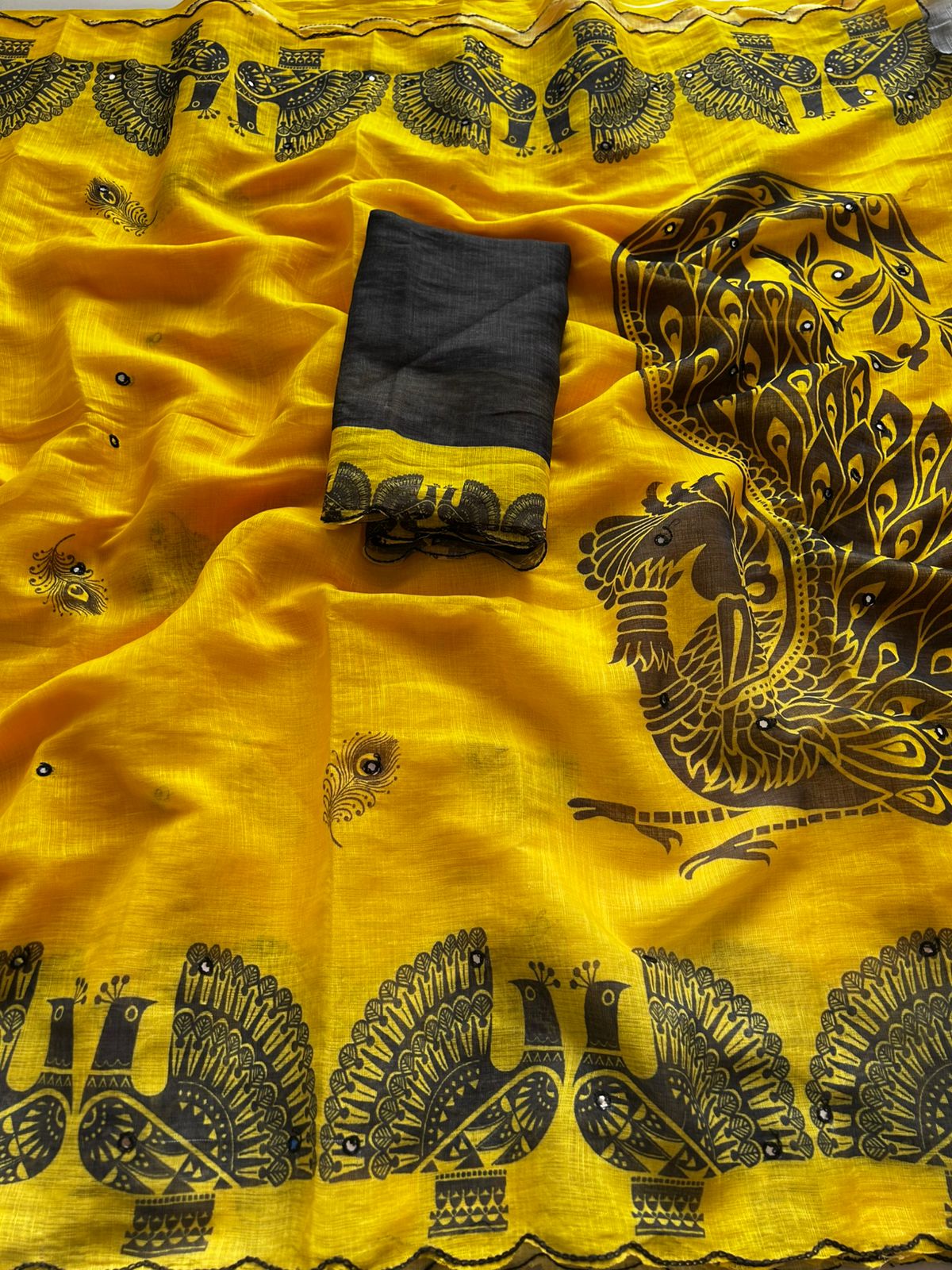 Whimsical Party Wear Chanderi Cotton Flower Print n Mirror Work Designer Saree With Blouse Piece