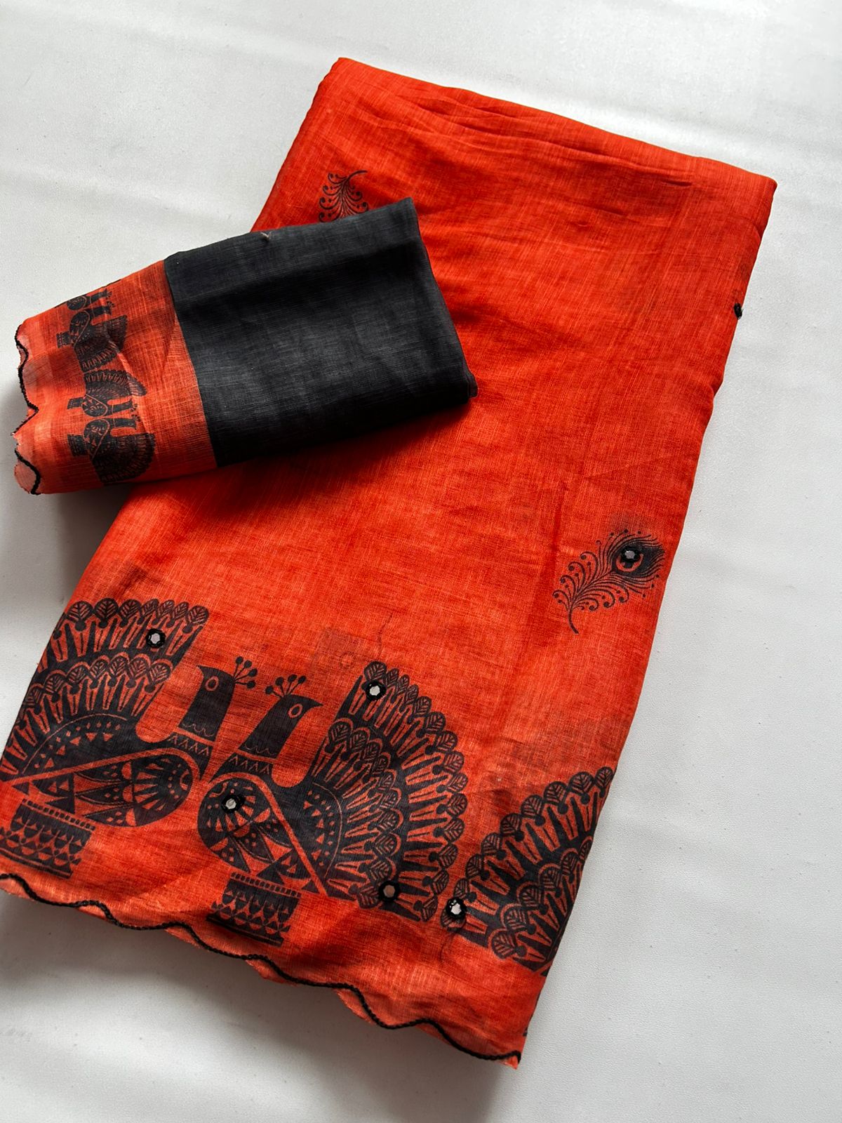 Whimsical Party Wear Chanderi Cotton Flower Print n Mirror Work Designer Saree With Blouse Piece