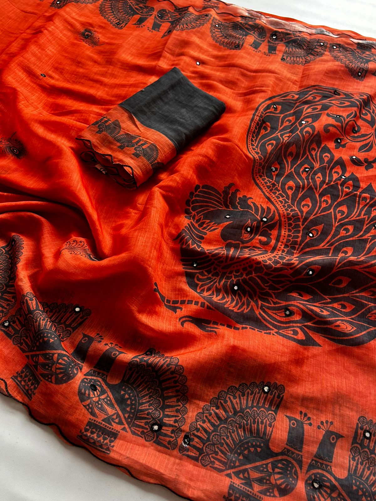 Whimsical Party Wear Chanderi Cotton Flower Print n Mirror Work Designer Saree With Blouse Piece