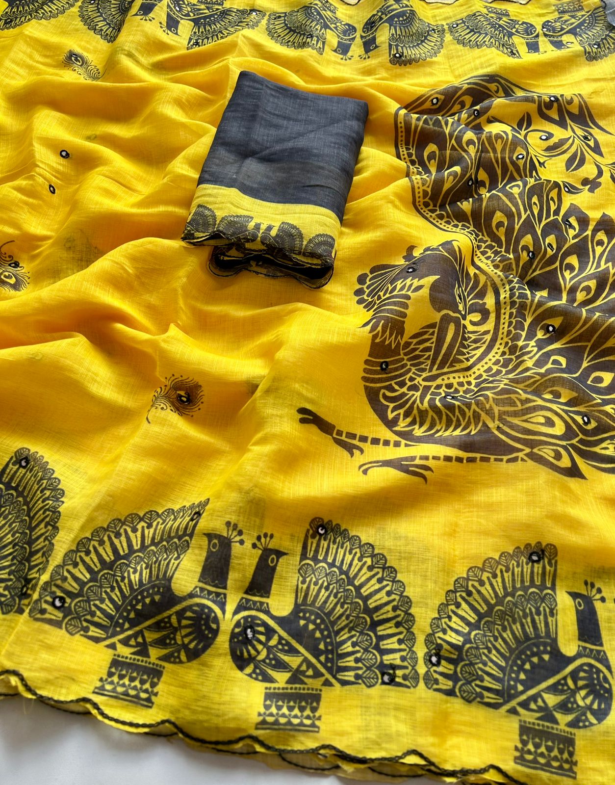 Whimsical Party Wear Chanderi Cotton Flower Print n Mirror Work Designer Saree With Blouse Piece