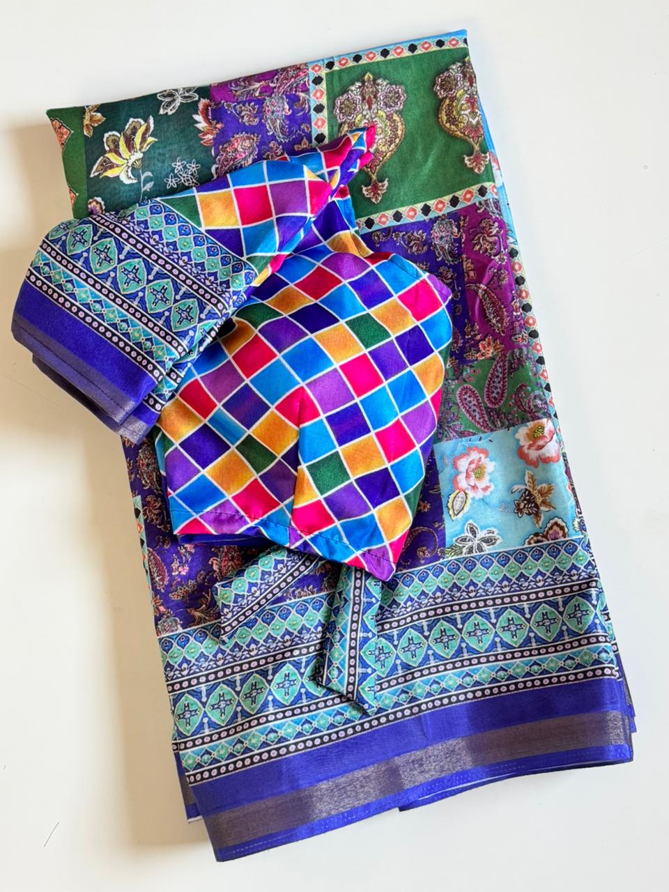 Artistic Festive Wear Linen Cotton Digital Print Work Fancy Saree With Stitched  Blouse