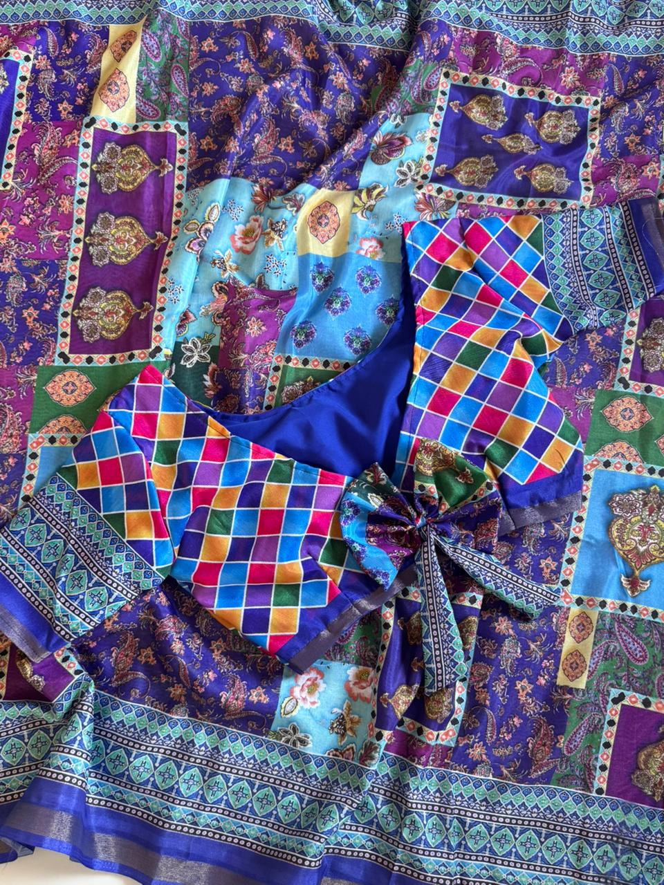 Artistic Festive Wear Linen Cotton Digital Print Work Fancy Saree With Stitched  Blouse