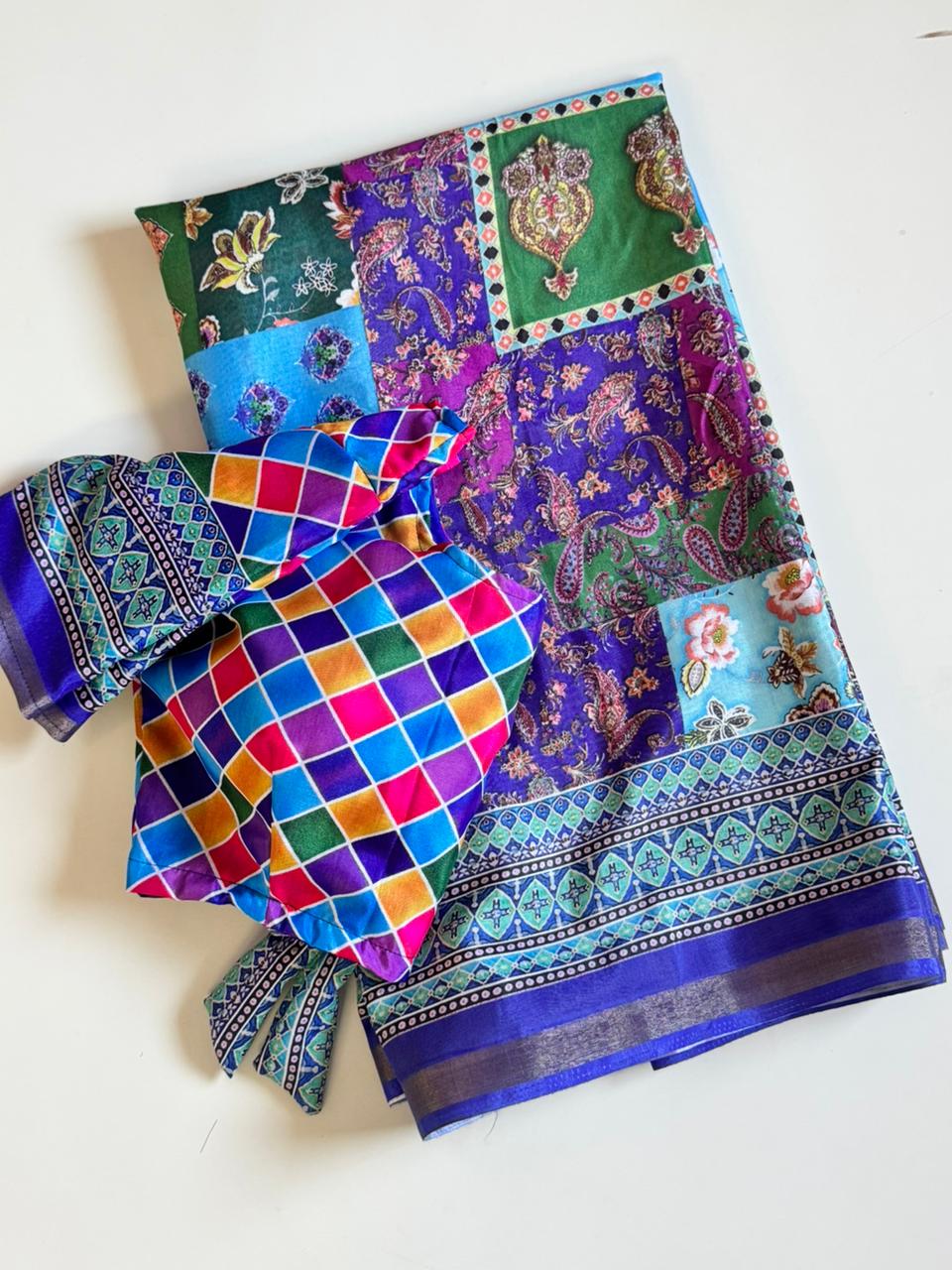 Artistic Festive Wear Linen Cotton Digital Print Work Fancy Saree With Stitched  Blouse